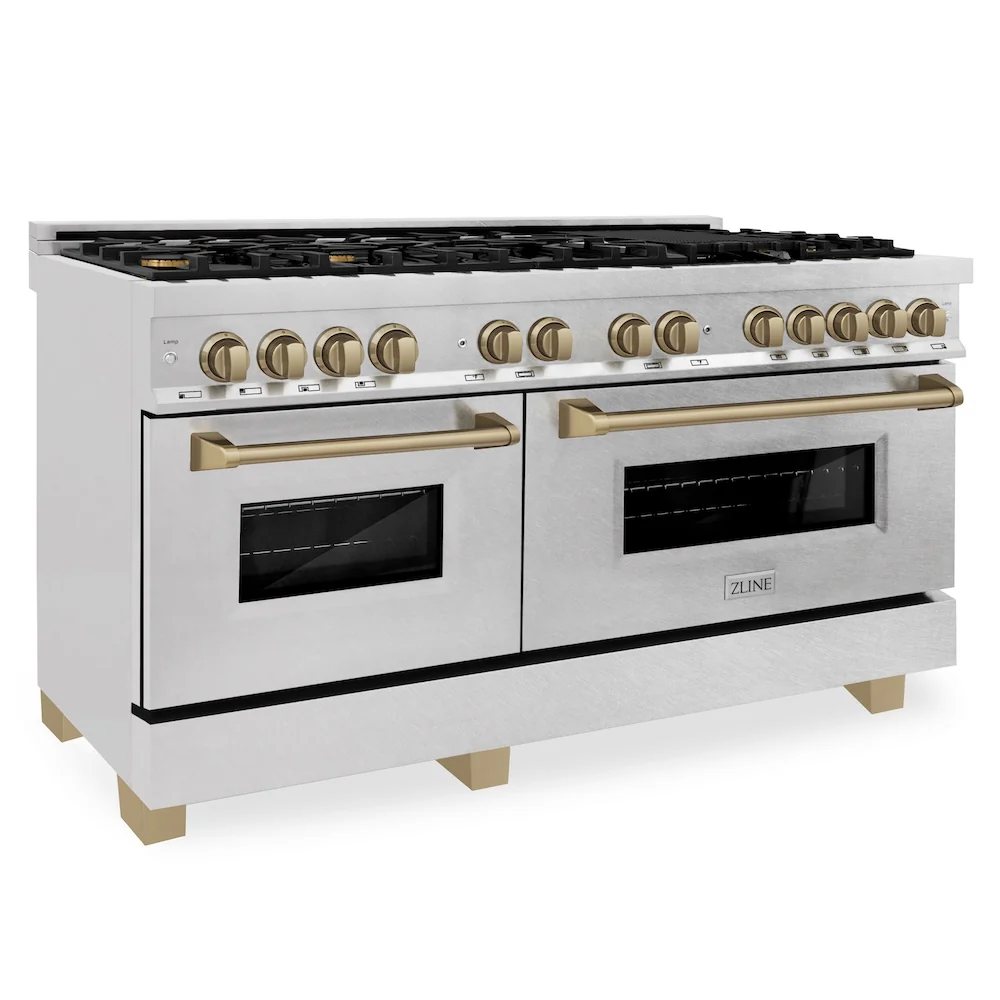 ZLINE Autograph Edition 60 in. 7.4 cu. ft. Legacy Dual Fuel Range with 9 Burner Gas Cooktop and 2 Electric Convection Ovens in Satin Stainless Steel and Champagne Bronze Accents, Open Box-Great Condition