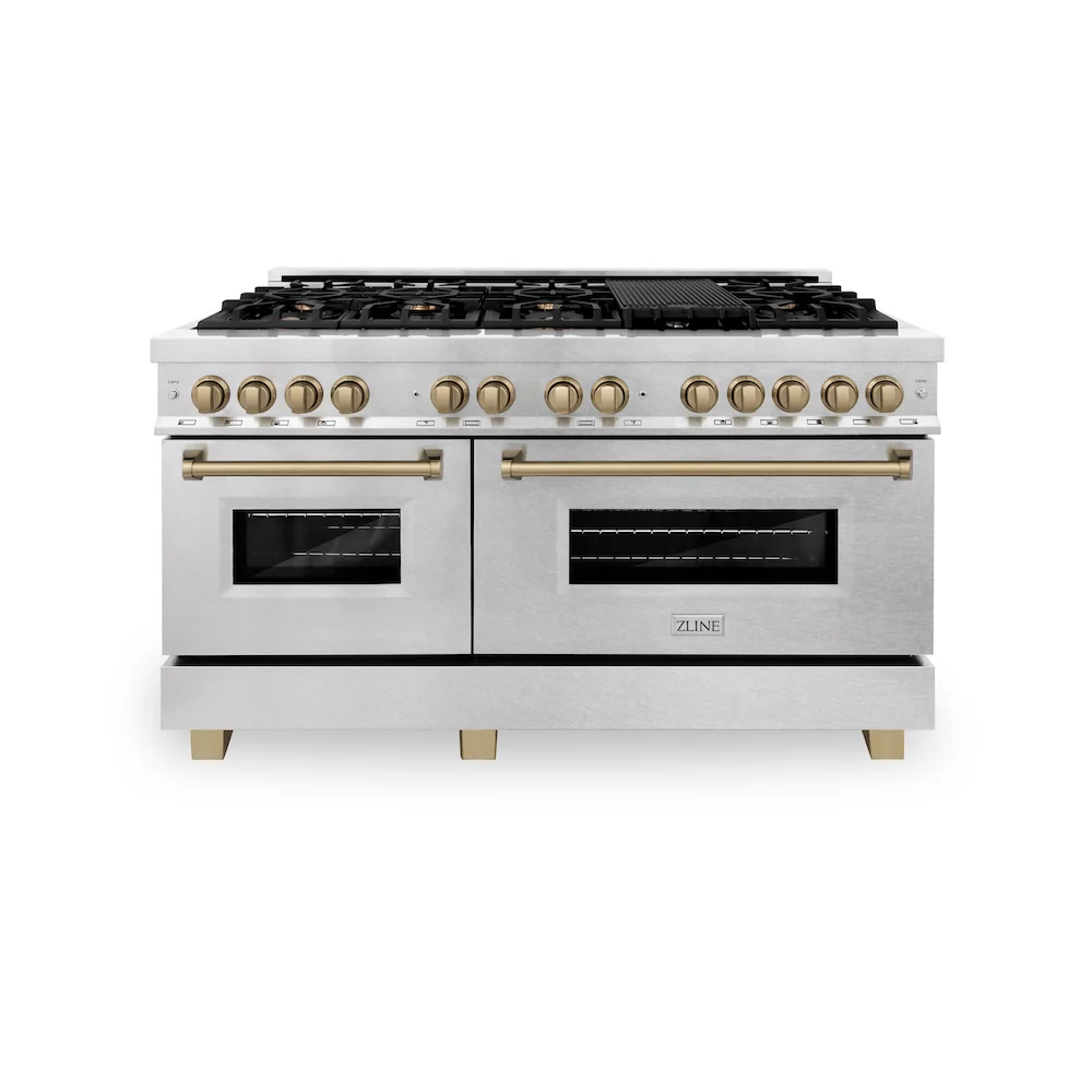 ZLINE Autograph Edition 60 in. 7.4 cu. ft. Legacy Dual Fuel Range with 9 Burner Gas Cooktop and 2 Electric Convection Ovens in Satin Stainless Steel and Champagne Bronze Accents, Open Box-Great Condition - Image 4
