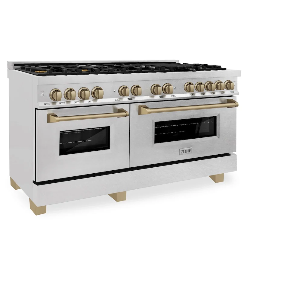 ZLINE Autograph Edition 60 in. 7.4 cu. ft. Legacy Dual Fuel Range with 9 Burner Gas Cooktop and 2 Electric Convection Ovens in Satin Stainless Steel and Champagne Bronze Accents, Open Box-Great Condition - Image 5