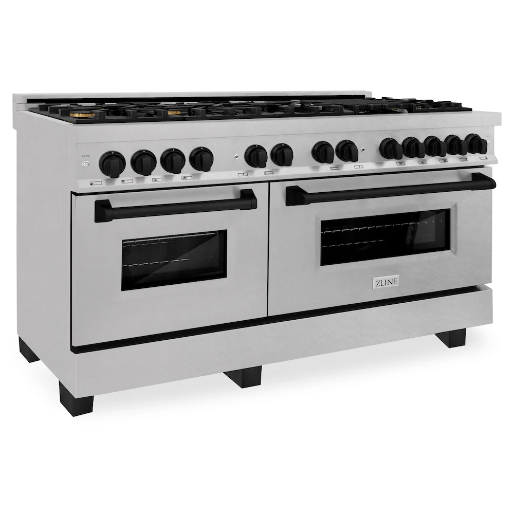 ZLINE Autograph Edition 60 in. 7.4 cu. ft. Legacy Dual Fuel Range with 9 Burner Gas Cooktop and 2 Electric Convection Ovens in Satin Stainless Steel and Matte Black Accents, Open Box-Great Condition