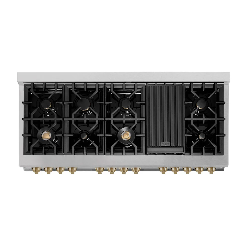 ZLINE Autograph Edition 60 in. 7.4 cu. ft. Legacy Dual Fuel Range with 9 Burner Gas Cooktop and 2 Electric Convection Ovens in Satin Stainless Steel with White Matte Doors and Champagne Bronze Accents, Open Box-Great Condition - Image 2