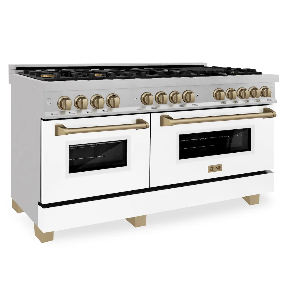 ZLINE Autograph Edition 60 in. 7.4 cu. ft. Legacy Dual Fuel Range with 9 Burner Gas Cooktop and 2 Electric Convection Ovens in Satin Stainless Steel with White Matte Doors and Champagne Bronze Accents, Open Box-Great Condition - Image 5