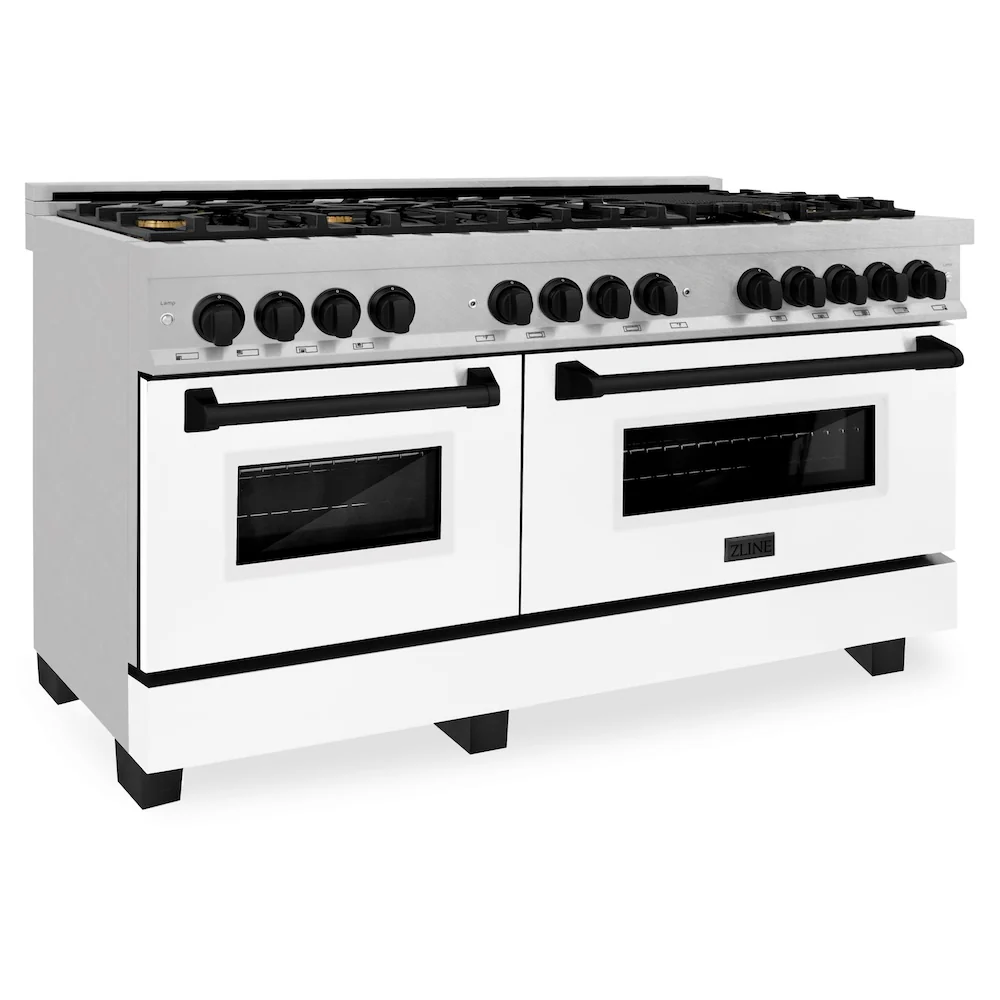 ZLINE Autograph Edition 60 in. 7.4 cu. ft. Legacy Dual Fuel Range with 9 Burner Gas Cooktop and 2 Electric Convection Ovens in Satin Stainless Steel with White Matte Doors and Matte Black Accents, Open Box-Great Condition