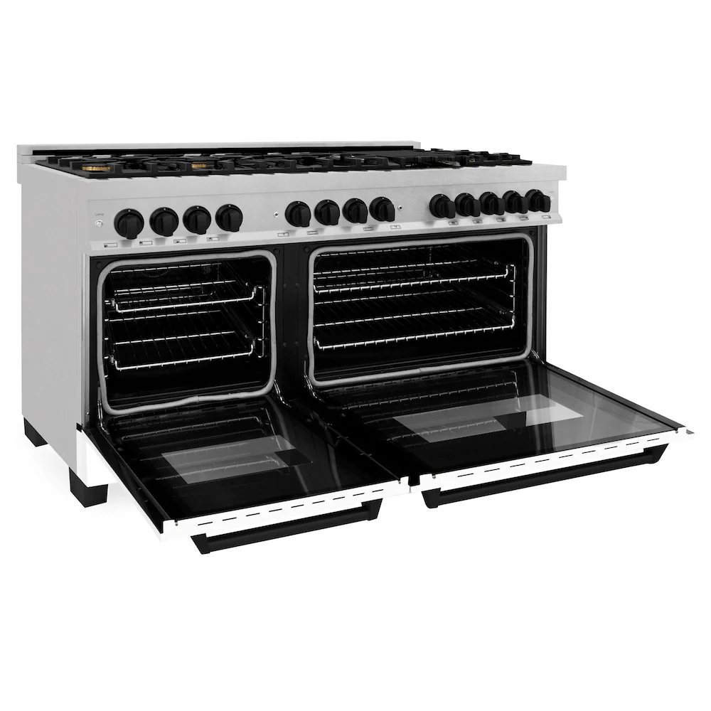 ZLINE Autograph Edition 60 in. 7.4 cu. ft. Legacy Dual Fuel Range with 9 Burner Gas Cooktop and 2 Electric Convection Ovens in Satin Stainless Steel with White Matte Doors and Matte Black Accents, Open Box-Great Condition - Image 6