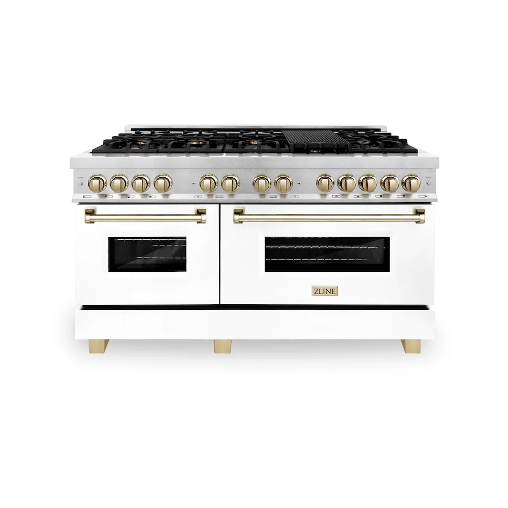 ZLINE Autograph Edition 60 in. 7.4 cu. ft. Legacy Dual Fuel Range with 9 Burner Gas Cooktop and 2 Electric Convection Ovens in Satin Stainless Steel with White Matte Doors and Polished Gold Accents, Open Box-Great Condition - Image 4