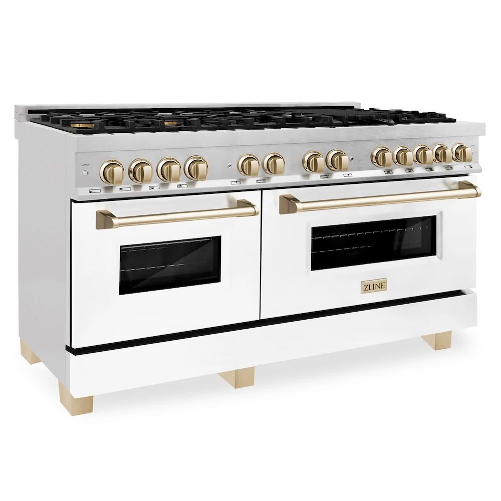 ZLINE Autograph Edition 60 in. 7.4 cu. ft. Legacy Dual Fuel Range with 9 Burner Gas Cooktop and 2 Electric Convection Ovens in Satin Stainless Steel with White Matte Doors and Polished Gold Accents, Open Box-Great Condition - Image 5