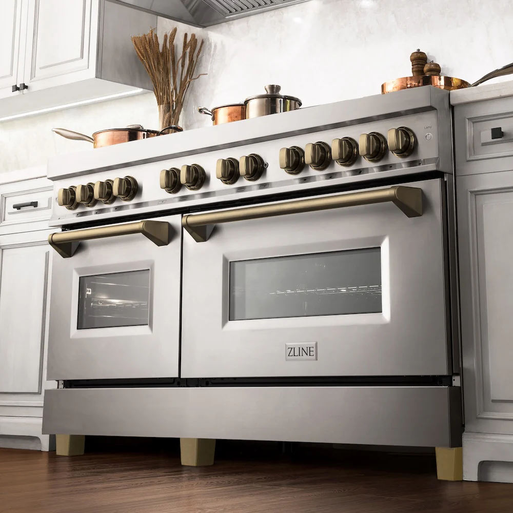ZLINE Autograph Edition 60 in. 7.4 cu. ft. Legacy Dual Fuel Range with 9 Burner Gas Cooktop and 2 Electric Convection Ovens in Stainless Steel and Champagne Bronze Accents, Open Box-Great Condition - Image 2