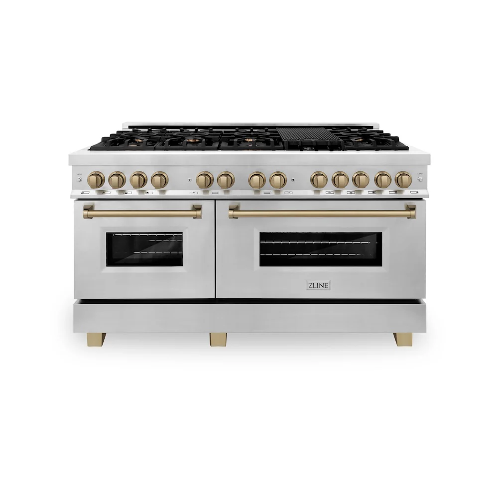 ZLINE Autograph Edition 60 in. 7.4 cu. ft. Legacy Dual Fuel Range with 9 Burner Gas Cooktop and 2 Electric Convection Ovens in Stainless Steel and Champagne Bronze Accents, Open Box-Great Condition - Image 4