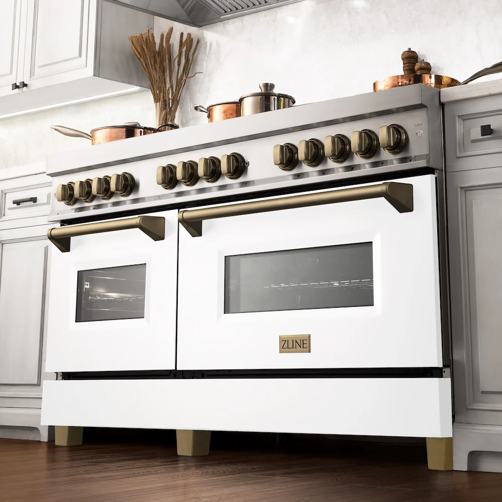 ZLINE Autograph Edition 60 in. 7.4 cu. ft. Legacy Dual Fuel Range with 9 Burner Gas Cooktop and 2 Electric Convection Ovens in Stainless Steel with White Matte Doors and Champagne Bronze Accents, Open Box-Great Condition - Image 3
