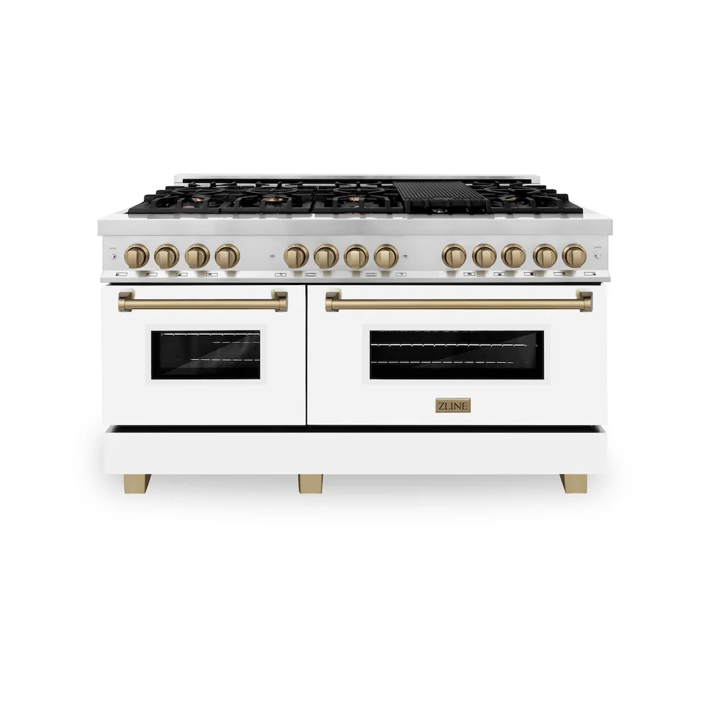 ZLINE Autograph Edition 60 in. 7.4 cu. ft. Legacy Dual Fuel Range with 9 Burner Gas Cooktop and 2 Electric Convection Ovens in Stainless Steel with White Matte Doors and Champagne Bronze Accents, Open Box-Great Condition - Image 4
