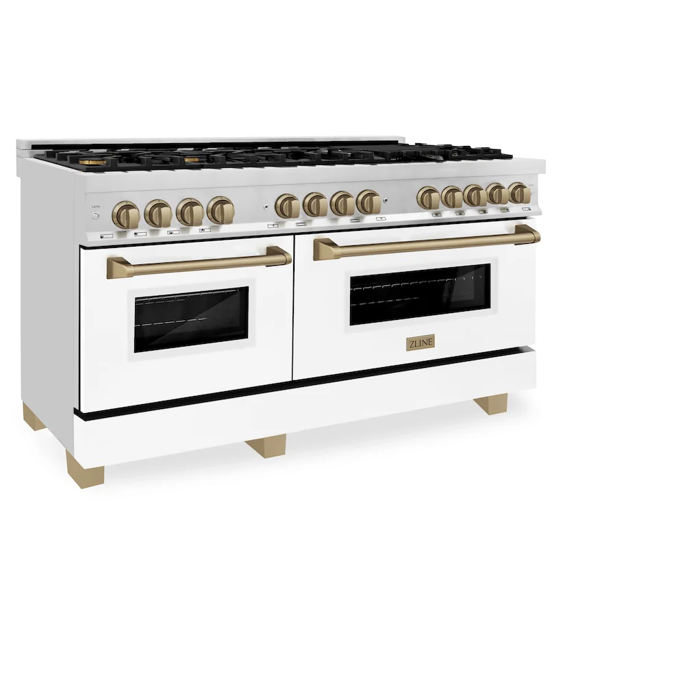 ZLINE Autograph Edition 60 in. 7.4 cu. ft. Legacy Dual Fuel Range with 9 Burner Gas Cooktop and 2 Electric Convection Ovens in Stainless Steel with White Matte Doors and Champagne Bronze Accents, Open Box-Great Condition - Image 5