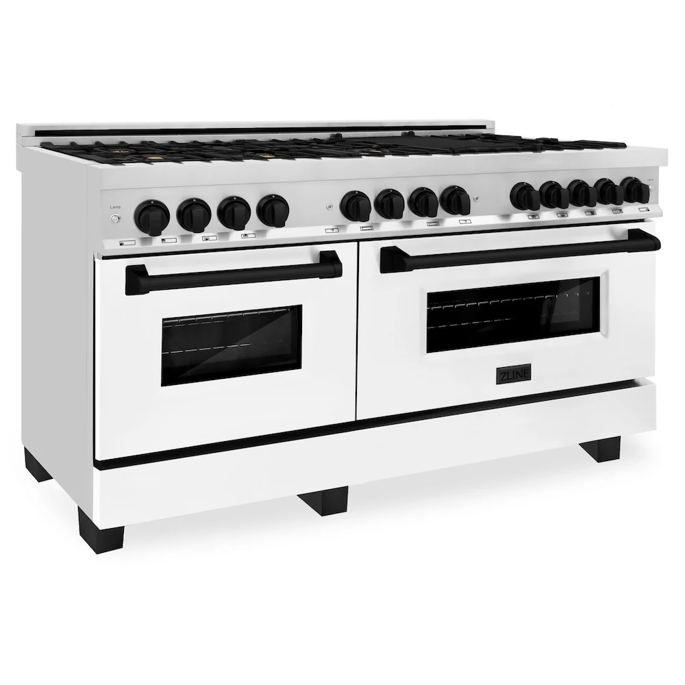ZLINE Autograph Edition 60 in. 7.4 cu. ft. Legacy Dual Fuel Range with 9 Burner Gas Cooktop and 2 Electric Convection Ovens in Stainless Steel with White Matte Doors and Matte Black Accents, Open Box-Great Condition
