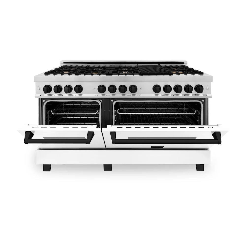 ZLINE Autograph Edition 60 in. 7.4 cu. ft. Legacy Dual Fuel Range with 9 Burner Gas Cooktop and 2 Electric Convection Ovens in Stainless Steel with White Matte Doors and Matte Black Accents, Open Box-Great Condition - Image 5
