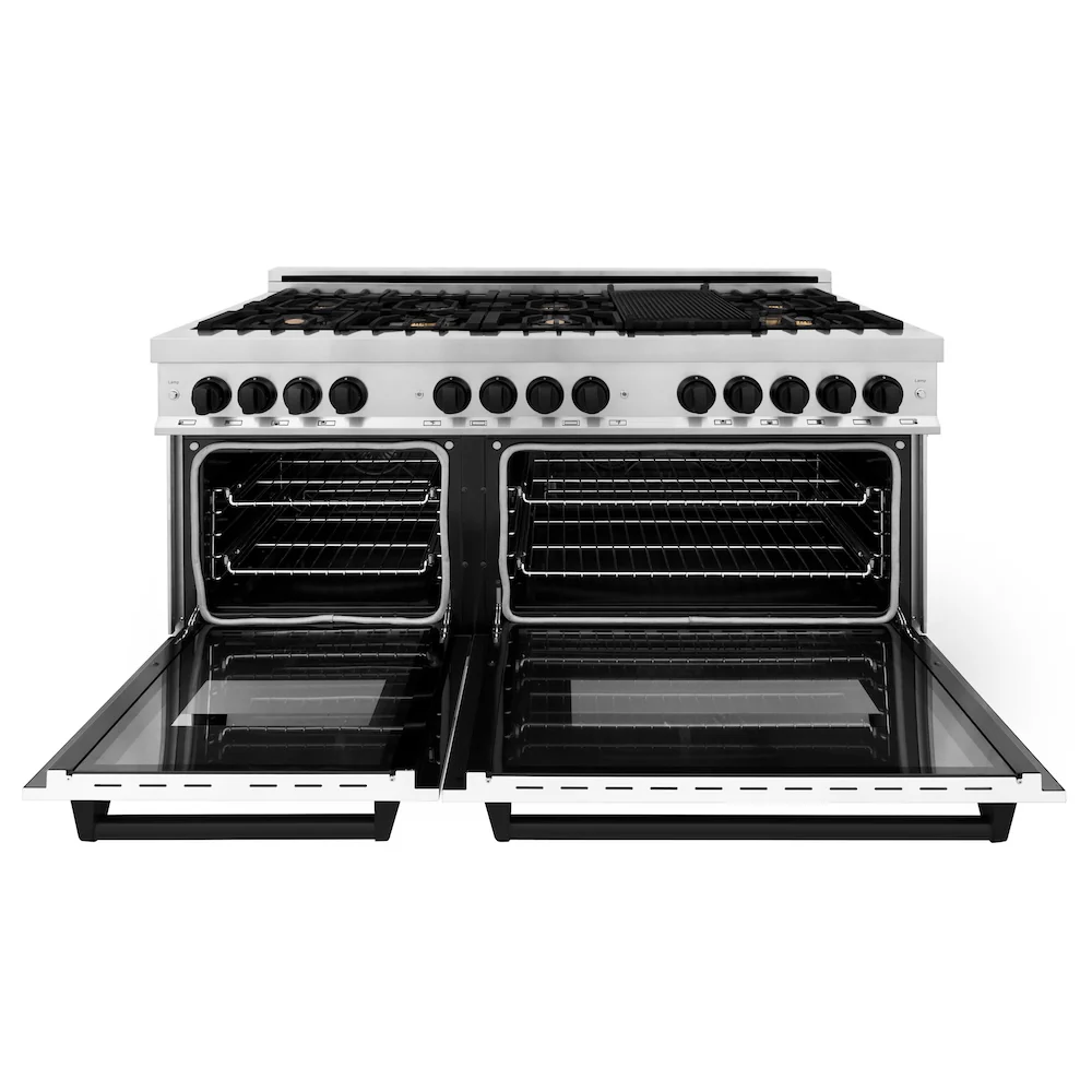 ZLINE Autograph Edition 60 in. 7.4 cu. ft. Legacy Dual Fuel Range with 9 Burner Gas Cooktop and 2 Electric Convection Ovens in Stainless Steel with White Matte Doors and Matte Black Accents, Open Box-Great Condition - Image 6