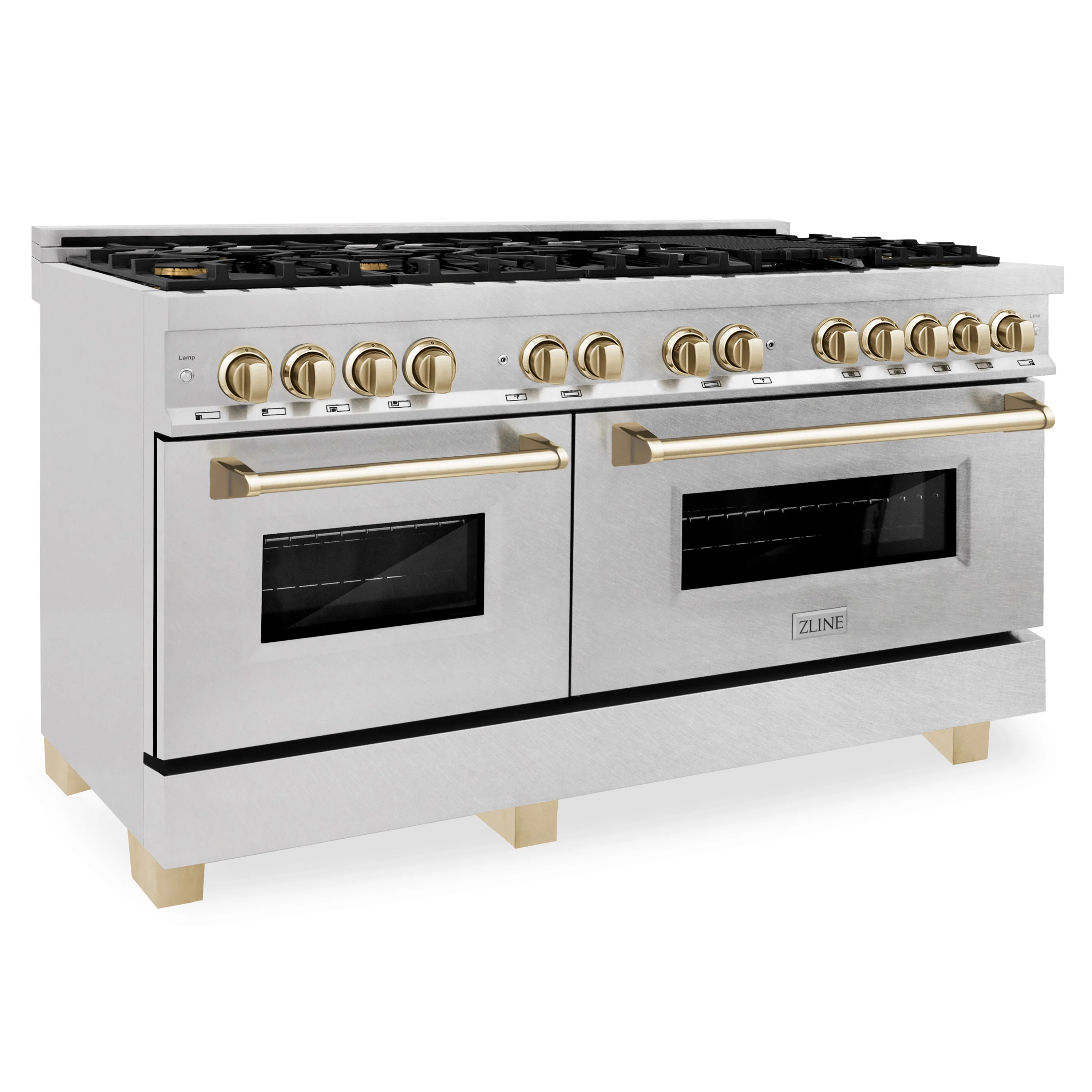 ZLINE Autograph Edition 60 in. 7.4 cu. ft. Legacy Dual Fuel Range with 9 Burner Gas Cooktop and 2 Electric Convection Ovens in Satin Stainless Steel and Polished Gold Accents (RASZ-SN-60-G) - Image 3