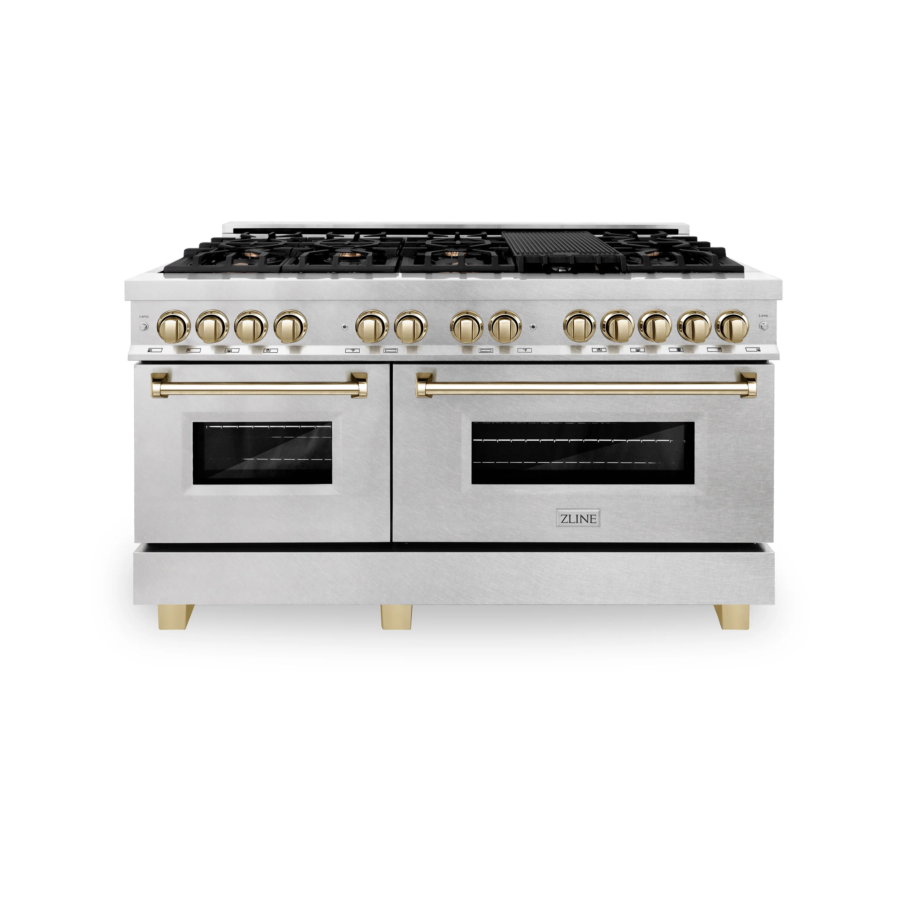 ZLINE Autograph Edition 60 in. 7.4 cu. ft. Legacy Dual Fuel Range with 9 Burner Gas Cooktop and 2 Electric Convection Ovens in Satin Stainless Steel and Polished Gold Accents (RASZ-SN-60-G) - Image 4
