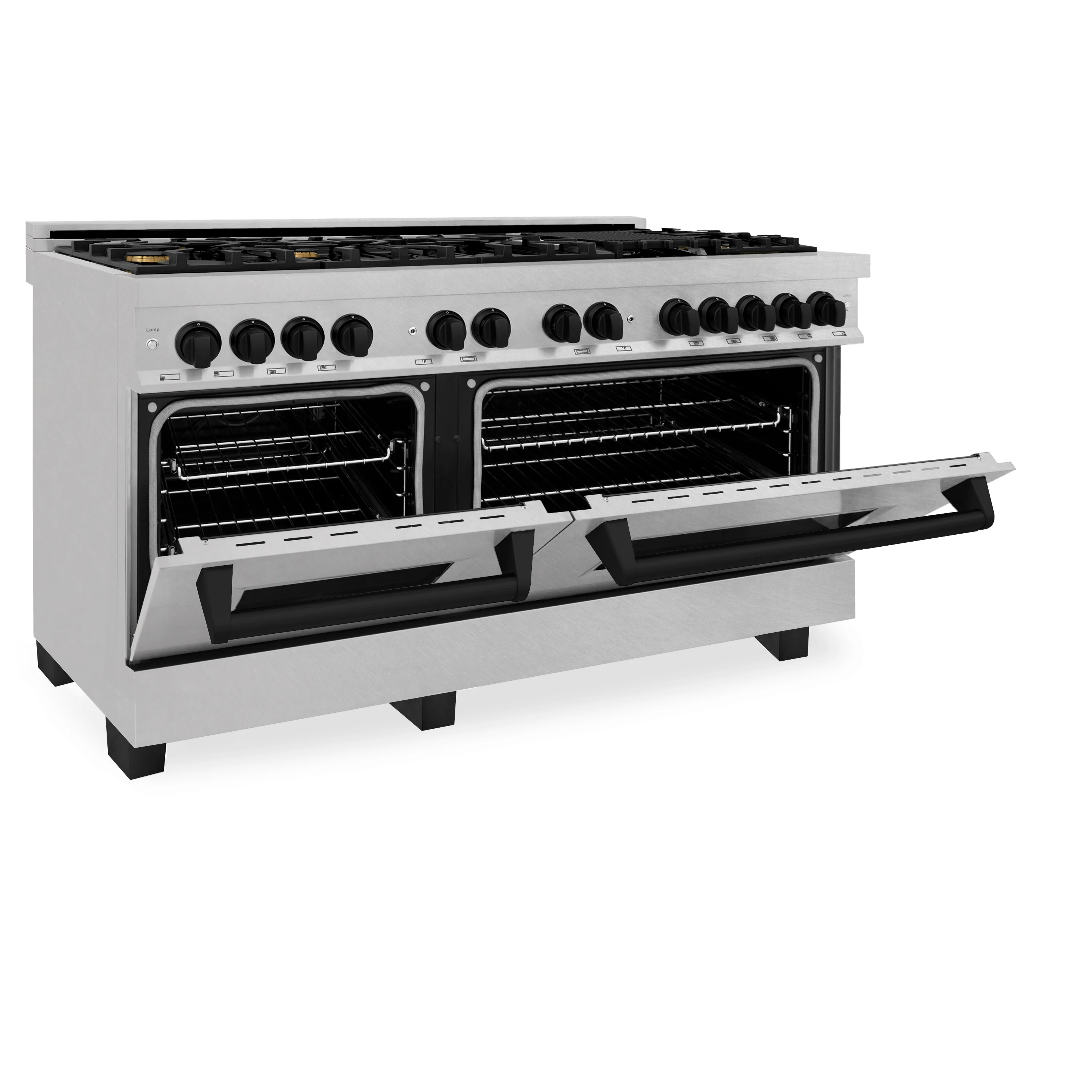 ZLINE Autograph Edition 60 in. 7.4 cu. ft. Legacy Dual Fuel Range with 9 Burner Gas Cooktop and 2 Electric Convection Ovens in Satin Stainless Steel and Matte Black Accents (RASZ-SN-60-MB) - Image 4