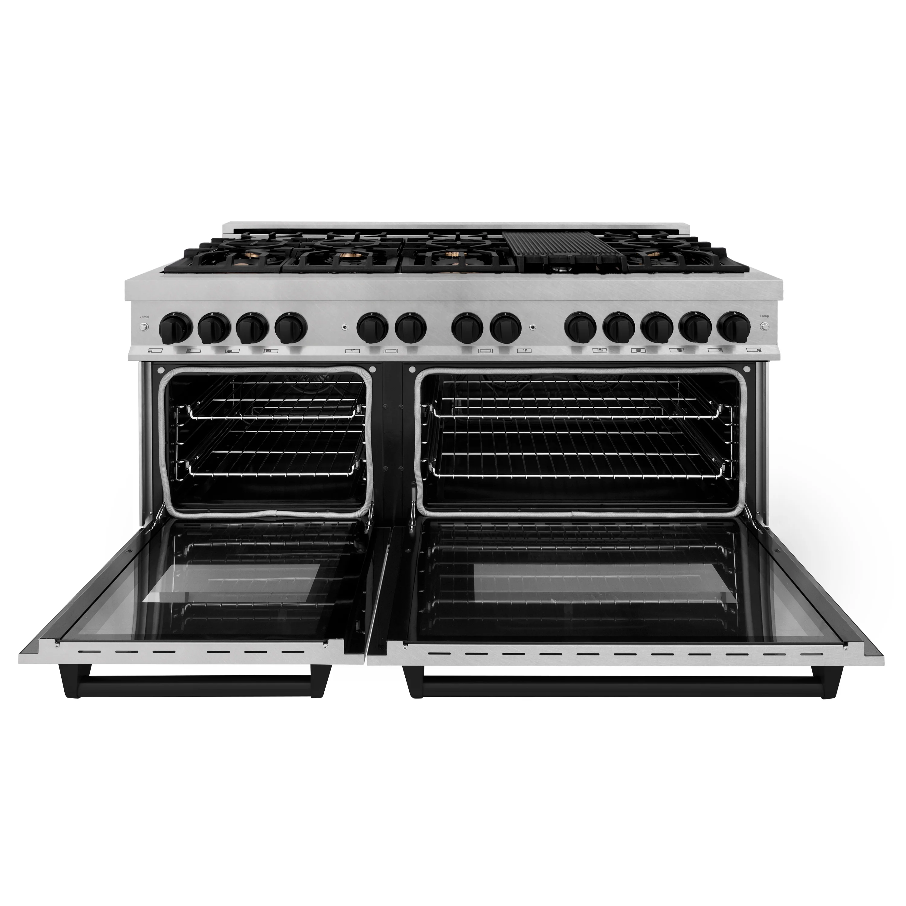 ZLINE Autograph Edition 60 in. 7.4 cu. ft. Legacy Dual Fuel Range with 9 Burner Gas Cooktop and 2 Electric Convection Ovens in Satin Stainless Steel and Matte Black Accents (RASZ-SN-60-MB) - Image 9