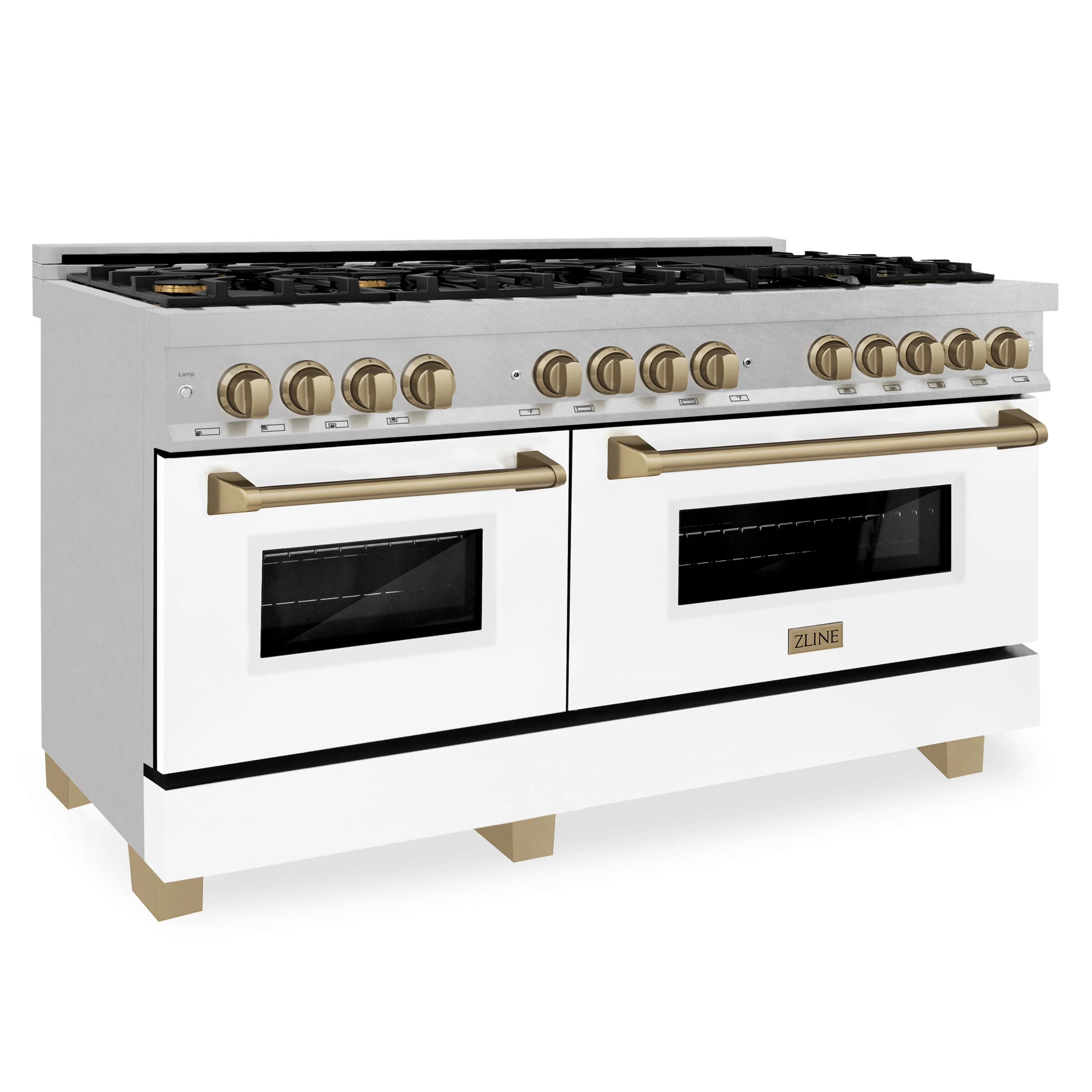 ZLINE Autograph Edition 60 in. 7.4 cu. ft. Legacy Dual Fuel Range with 9 Burner Gas Cooktop and 2 Electric Convection Ovens in Satin Stainless Steel with White Matte Doors and Champagne Bronze Accents (RASZ-WM-60-CB) - Image 3
