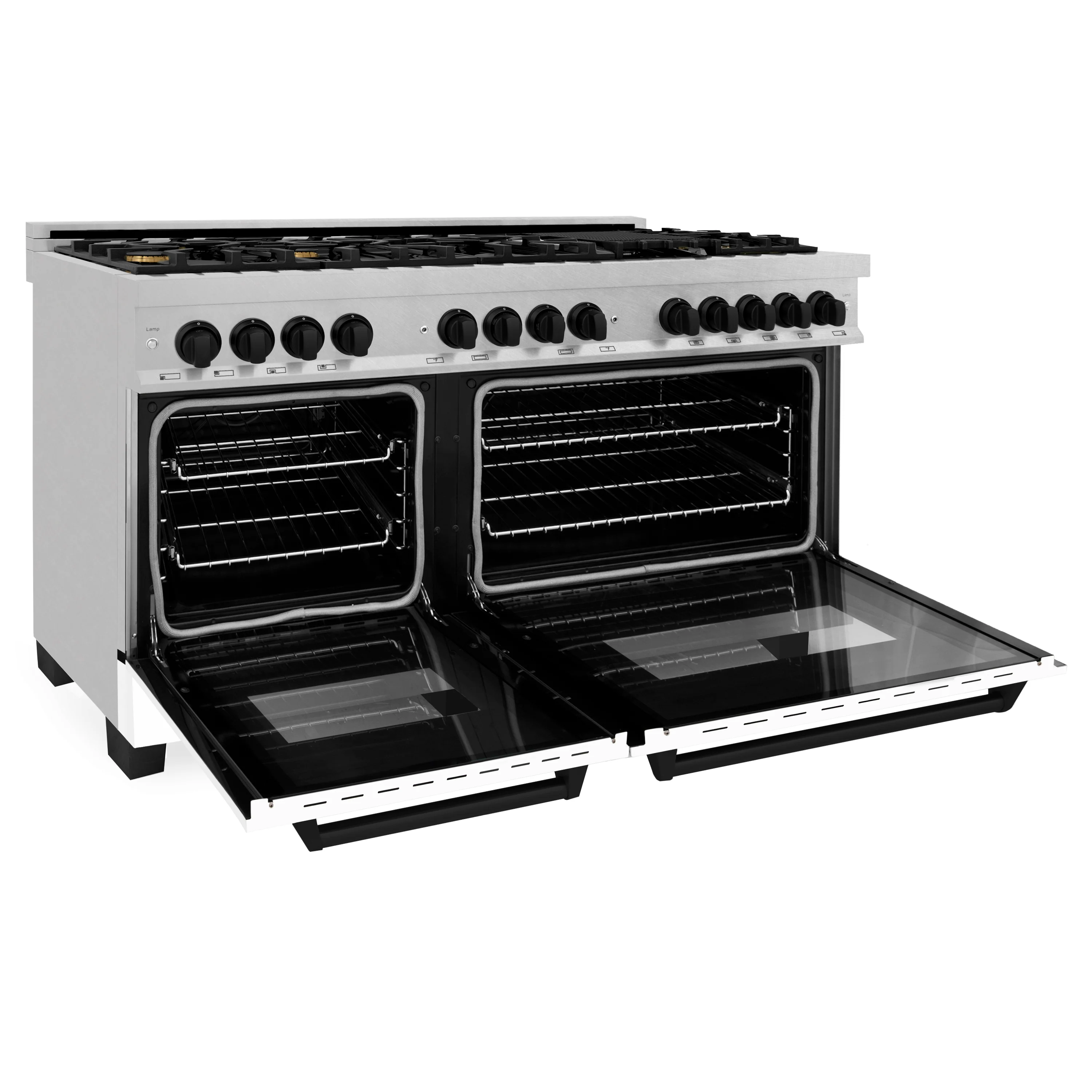 ZLINE Autograph Edition 60 in. 7.4 cu. ft. Legacy Dual Fuel Range with 9 Burner Gas Cooktop and 2 Electric Convection Ovens in Satin Stainless Steel with White Matte Doors and Matte Black Accents (RASZ-WM-60-MB) - Image 4
