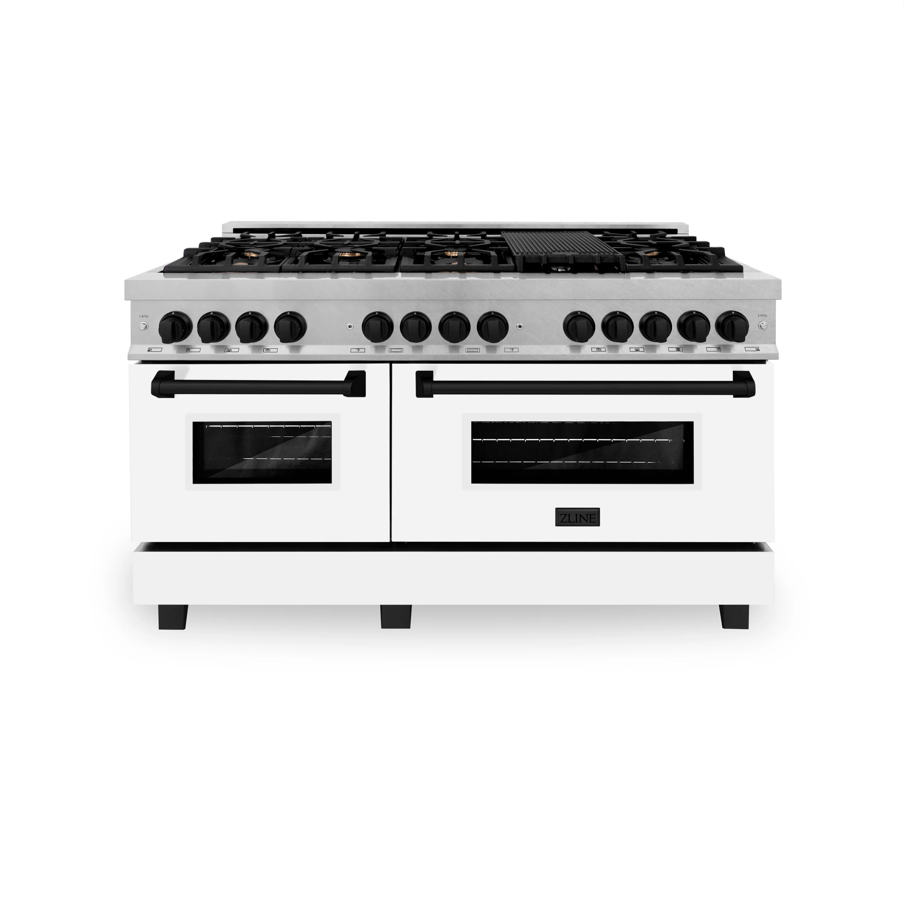 ZLINE Autograph Edition 60 in. 7.4 cu. ft. Legacy Dual Fuel Range with 9 Burner Gas Cooktop and 2 Electric Convection Ovens in Satin Stainless Steel with White Matte Doors and Matte Black Accents (RASZ-WM-60-MB) - Image 5