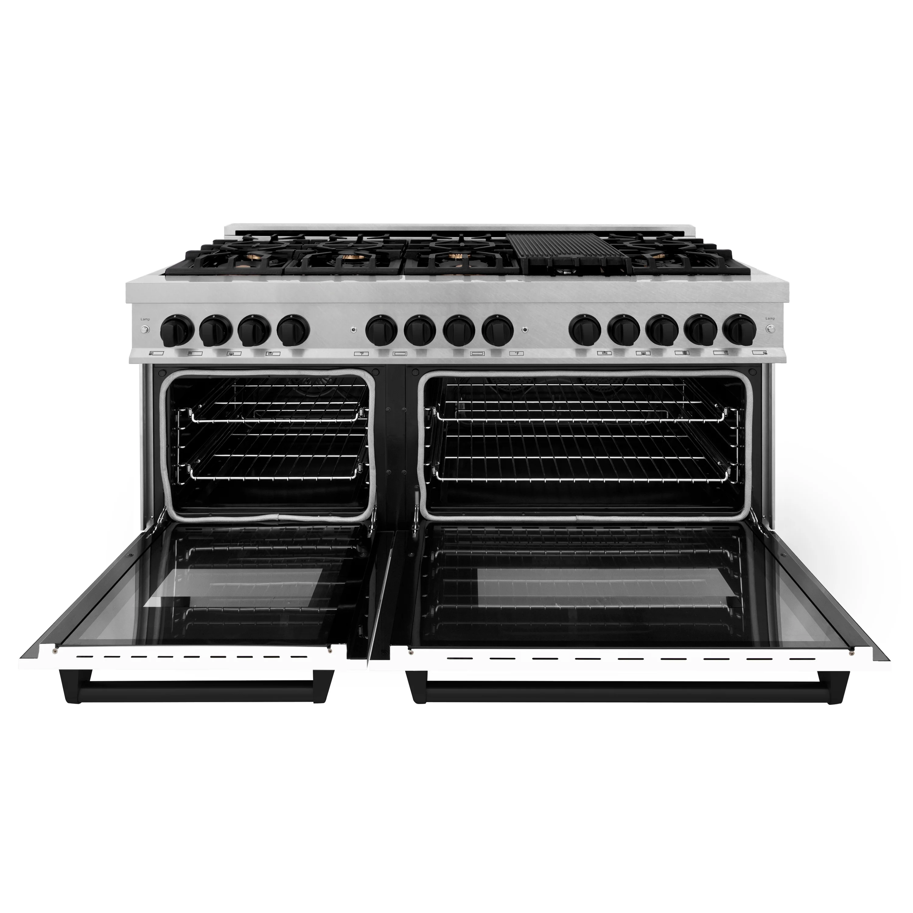 ZLINE Autograph Edition 60 in. 7.4 cu. ft. Legacy Dual Fuel Range with 9 Burner Gas Cooktop and 2 Electric Convection Ovens in Satin Stainless Steel with White Matte Doors and Matte Black Accents (RASZ-WM-60-MB) - Image 7