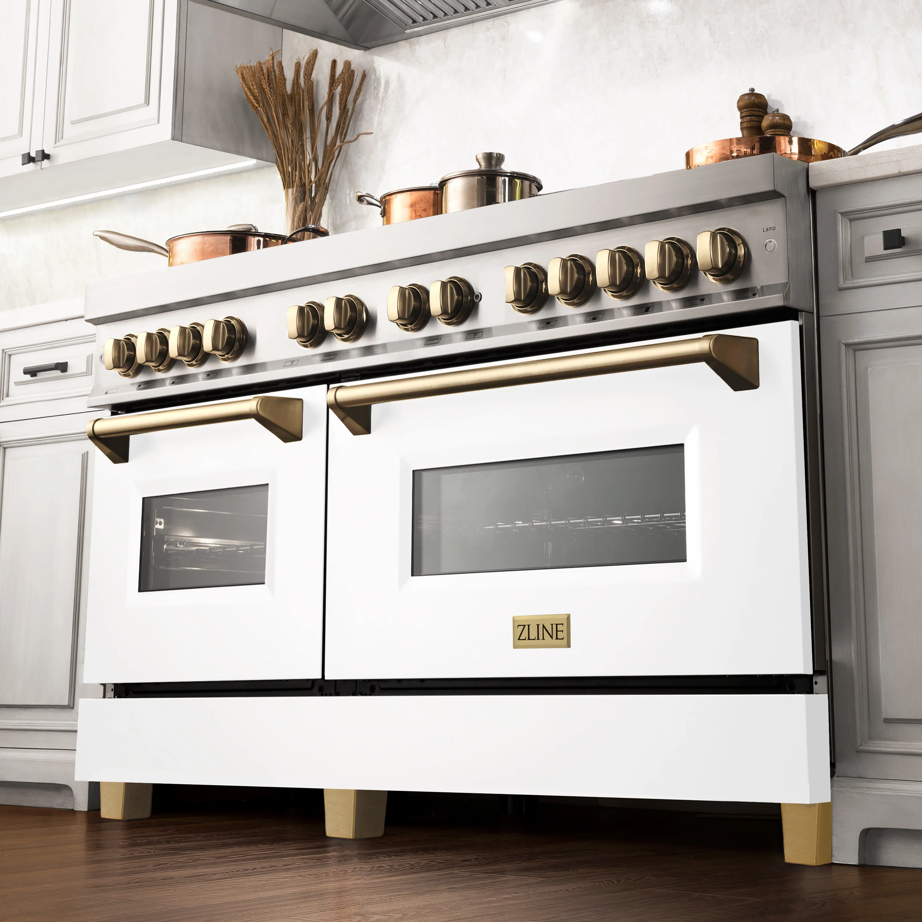ZLINE Autograph Edition 60 in. 7.4 cu. ft. Legacy Dual Fuel Range with 9 Burner Gas Cooktop and 2 Electric Convection Ovens in Stainless Steel with White Matte Doors and Polished Gold Accents (RAZ-WM-60-G) - Image 2