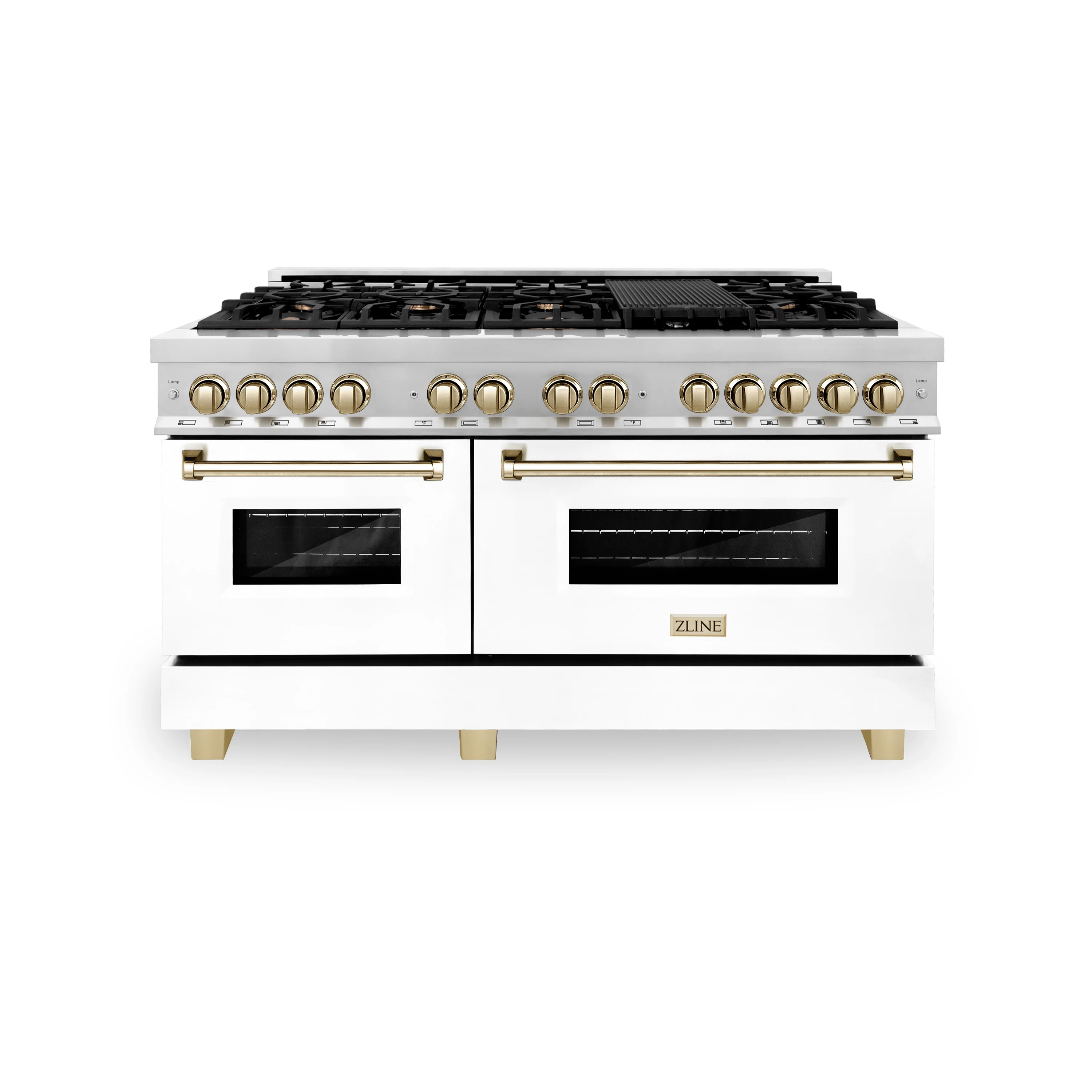 ZLINE Autograph Edition 60 in. 7.4 cu. ft. Legacy Dual Fuel Range with 9 Burner Gas Cooktop and 2 Electric Convection Ovens in Stainless Steel with White Matte Doors and Polished Gold Accents (RAZ-WM-60-G) - Image 4