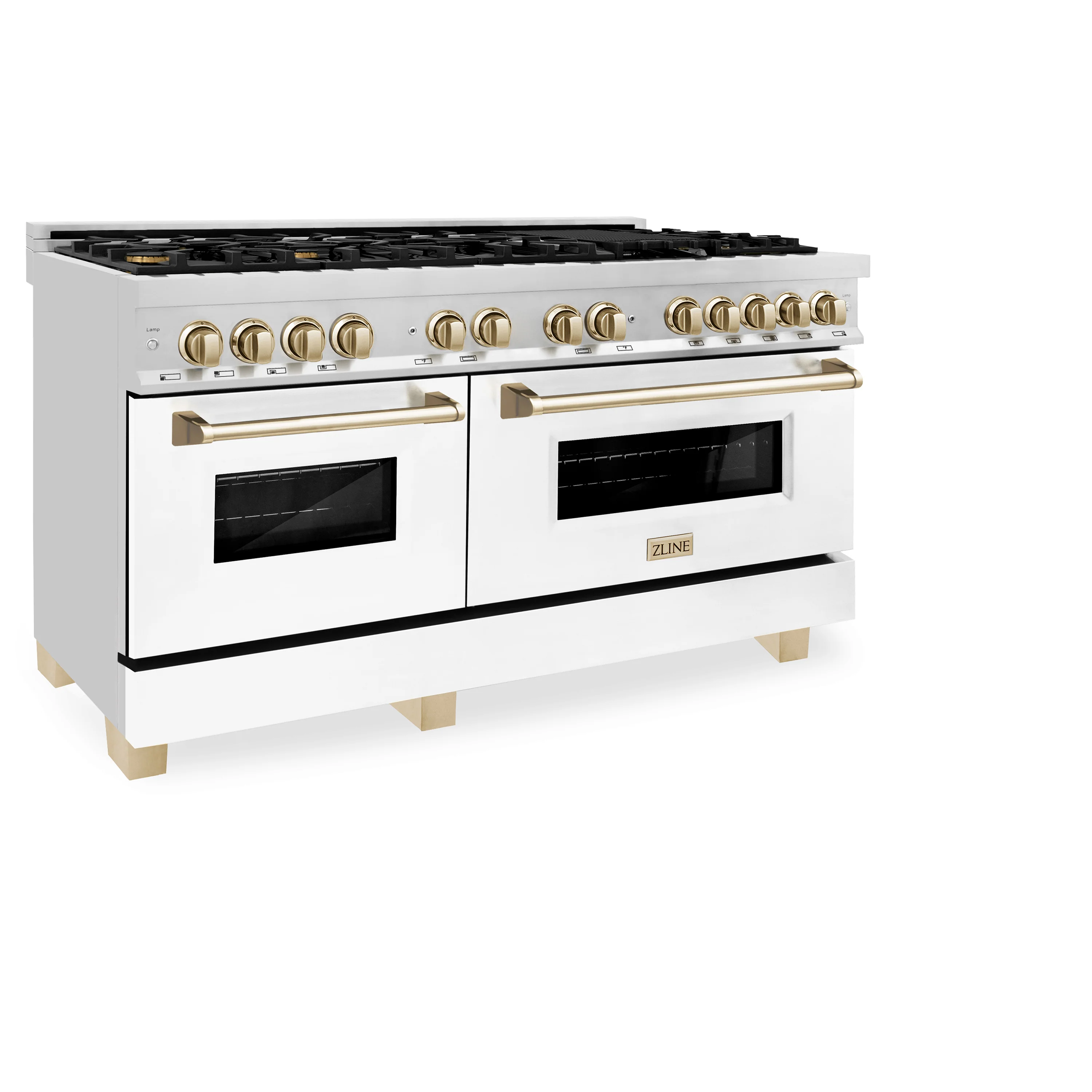 ZLINE Autograph Edition 60 in. 7.4 cu. ft. Legacy Dual Fuel Range with 9 Burner Gas Cooktop and 2 Electric Convection Ovens in Stainless Steel with White Matte Doors and Polished Gold Accents (RAZ-WM-60-G) - Image 5