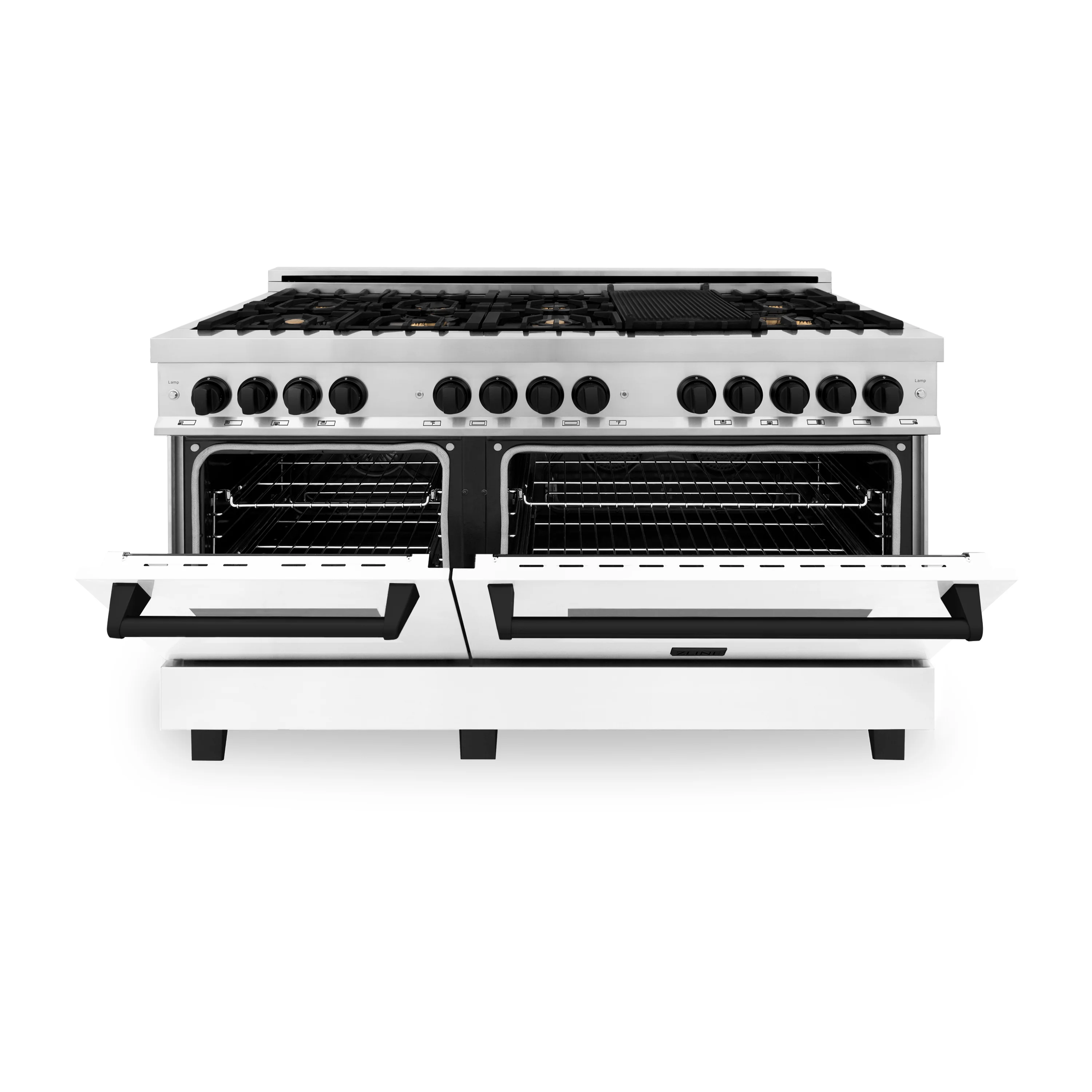 ZLINE Autograph Edition 60 in. 7.4 cu. ft. Legacy Dual Fuel Range with 9 Burner Gas Cooktop and 2 Electric Convection Ovens in Stainless Steel with White Matte Doors and Matte Black Accents (RAZ-WM-60-MB) - Image 13