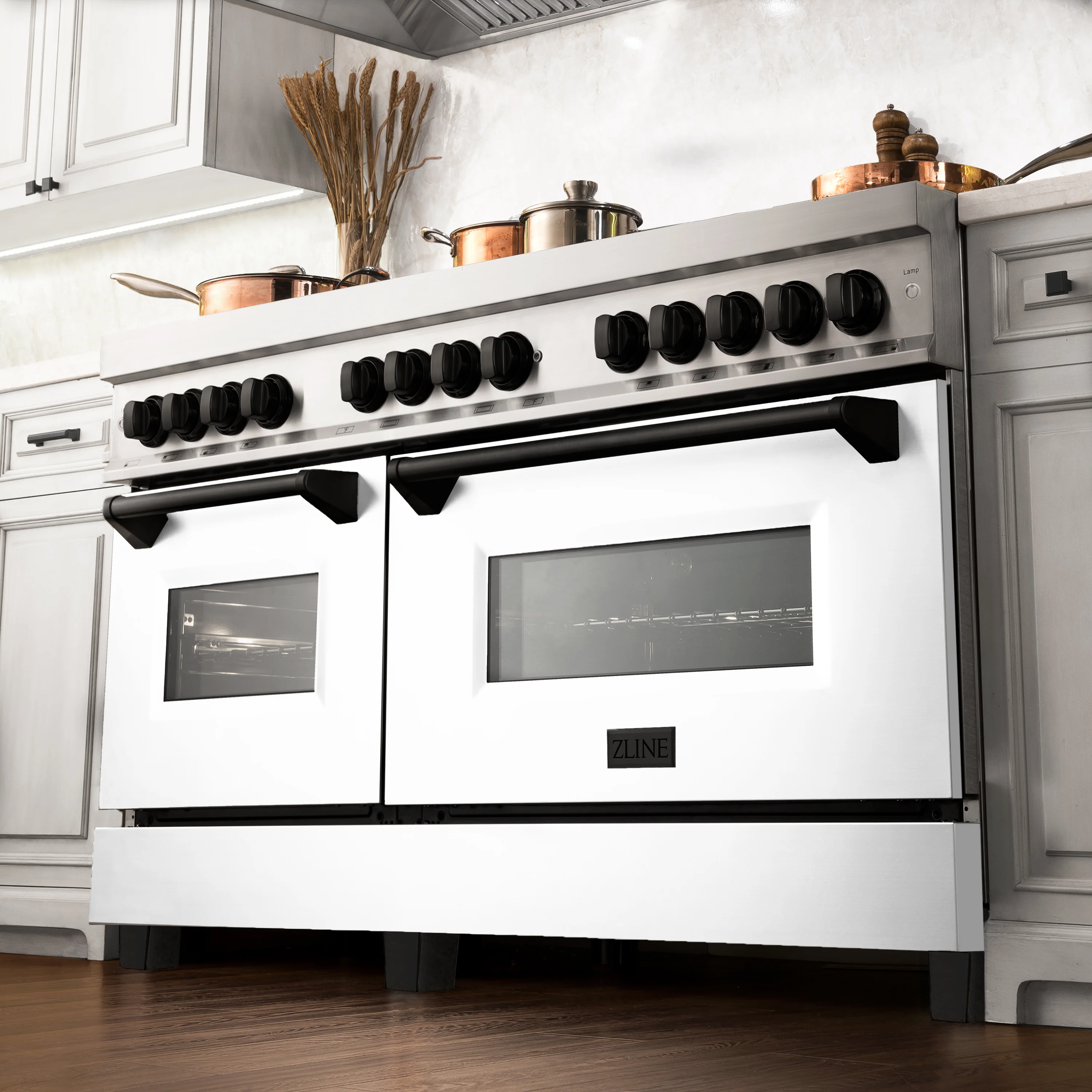 ZLINE Autograph Edition 60 in. 7.4 cu. ft. Legacy Dual Fuel Range with 9 Burner Gas Cooktop and 2 Electric Convection Ovens in Stainless Steel with White Matte Doors and Matte Black Accents (RAZ-WM-60-MB) - Image 2