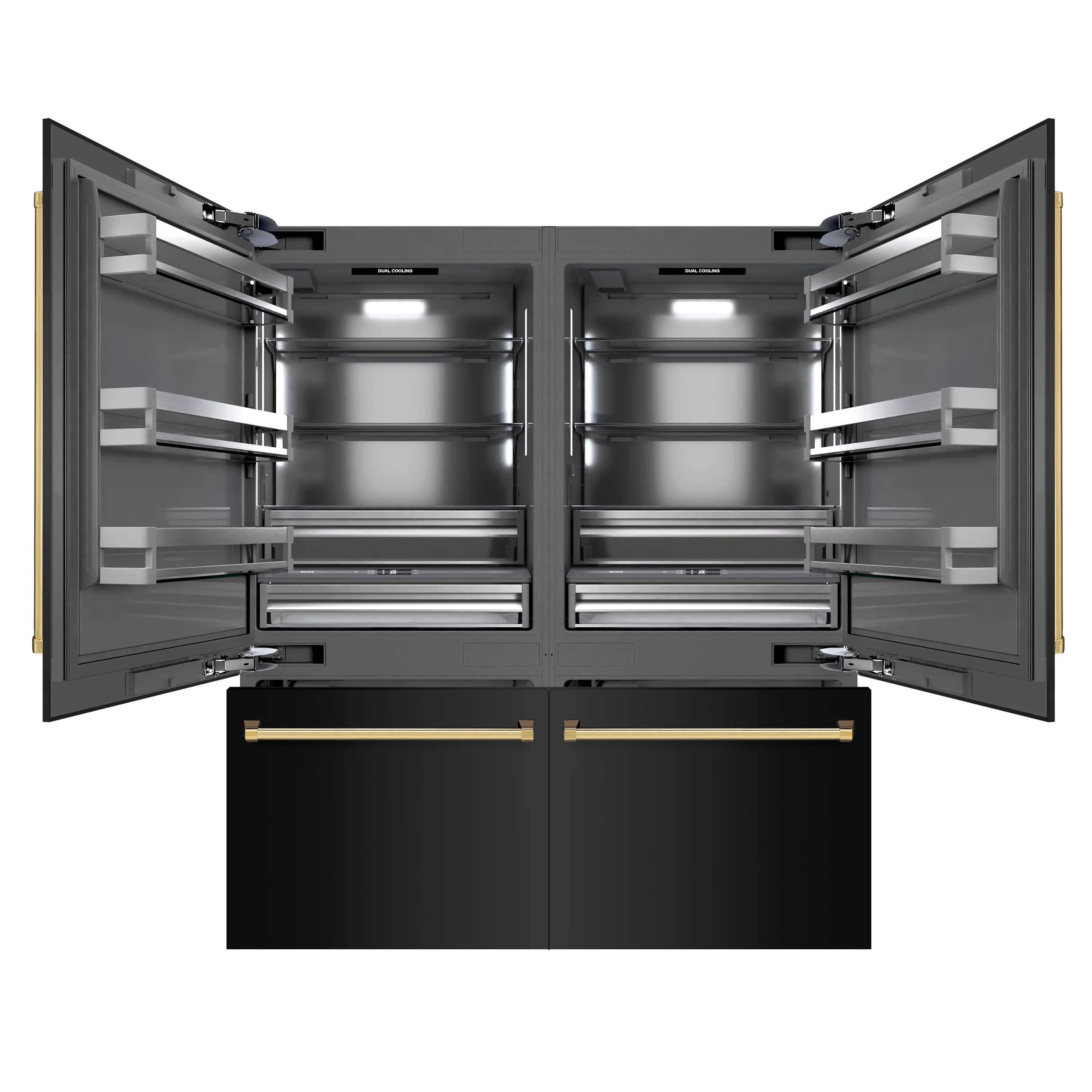 ZLINE Autograph Edition 72 in. 39.6 cu. ft. French Door Built-In Bottom Freezer Refrigerator with Water Dispensers and Ice Makers in Black Stainless Steel with Graphite Gray Interior and Polished Gold Accents (GRBITZ-BS-72-G) - Image 4