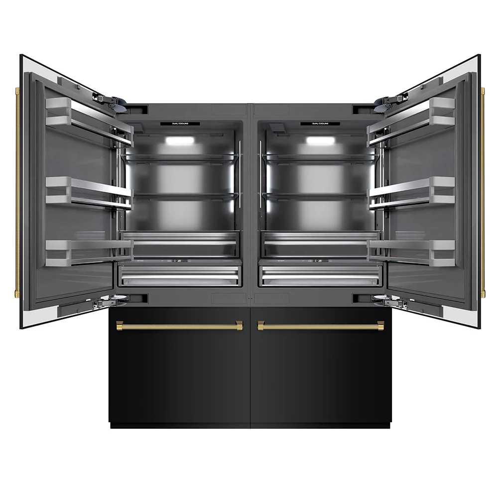 ZLINE Autograph Edition 72 in. 39.6 cu. ft. French Door Built-In Bottom Freezer Refrigerator with Water Dispensers and Ice Makers in Black Stainless Steel with Graphite Gray Interior and Polished Gold Helix Handles (GRBITZ-BS-72-KG)