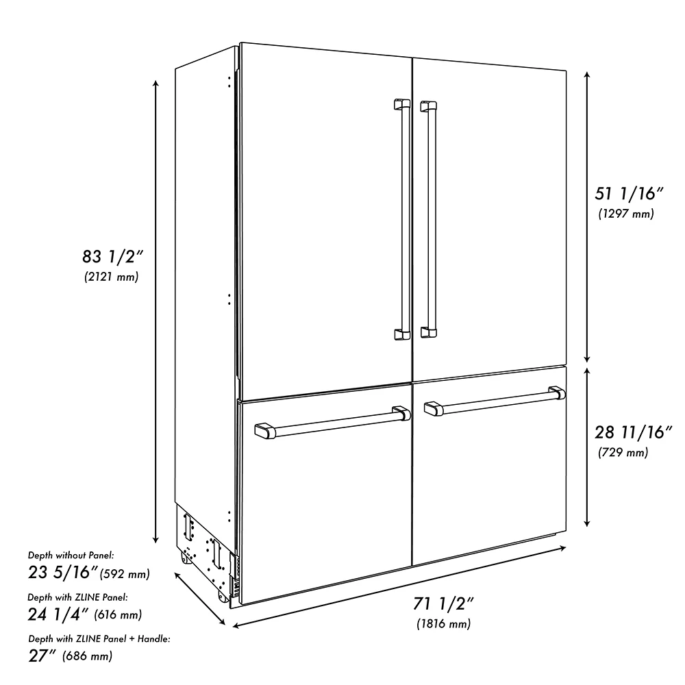 ZLINE Autograph Edition 72 in. 39.6 cu. ft. French Door Built-In Bottom Freezer Refrigerator with Water Dispensers and Ice Makers in Black Stainless Steel with Graphite Gray Interior and Polished Gold Helix Handles (GRBITZ-BS-72-KG) - Image 14