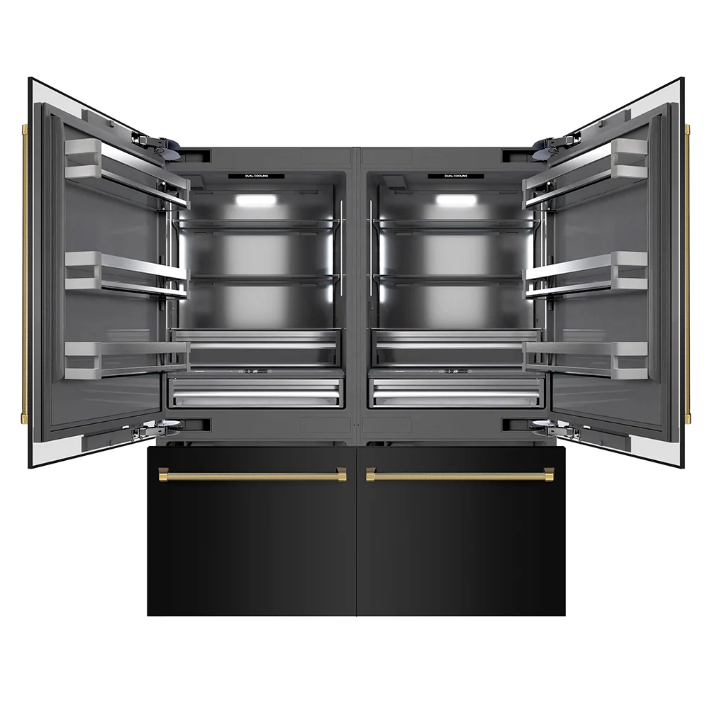 ZLINE Autograph Edition 72 in. 39.6 cu. ft. French Door Built-In Bottom Freezer Refrigerator with Water Dispensers and Ice Makers in Black Stainless Steel with Graphite Gray Interior and Polished Gold Helix Handles (GRBITZ-BS-72-KG) - Image 4