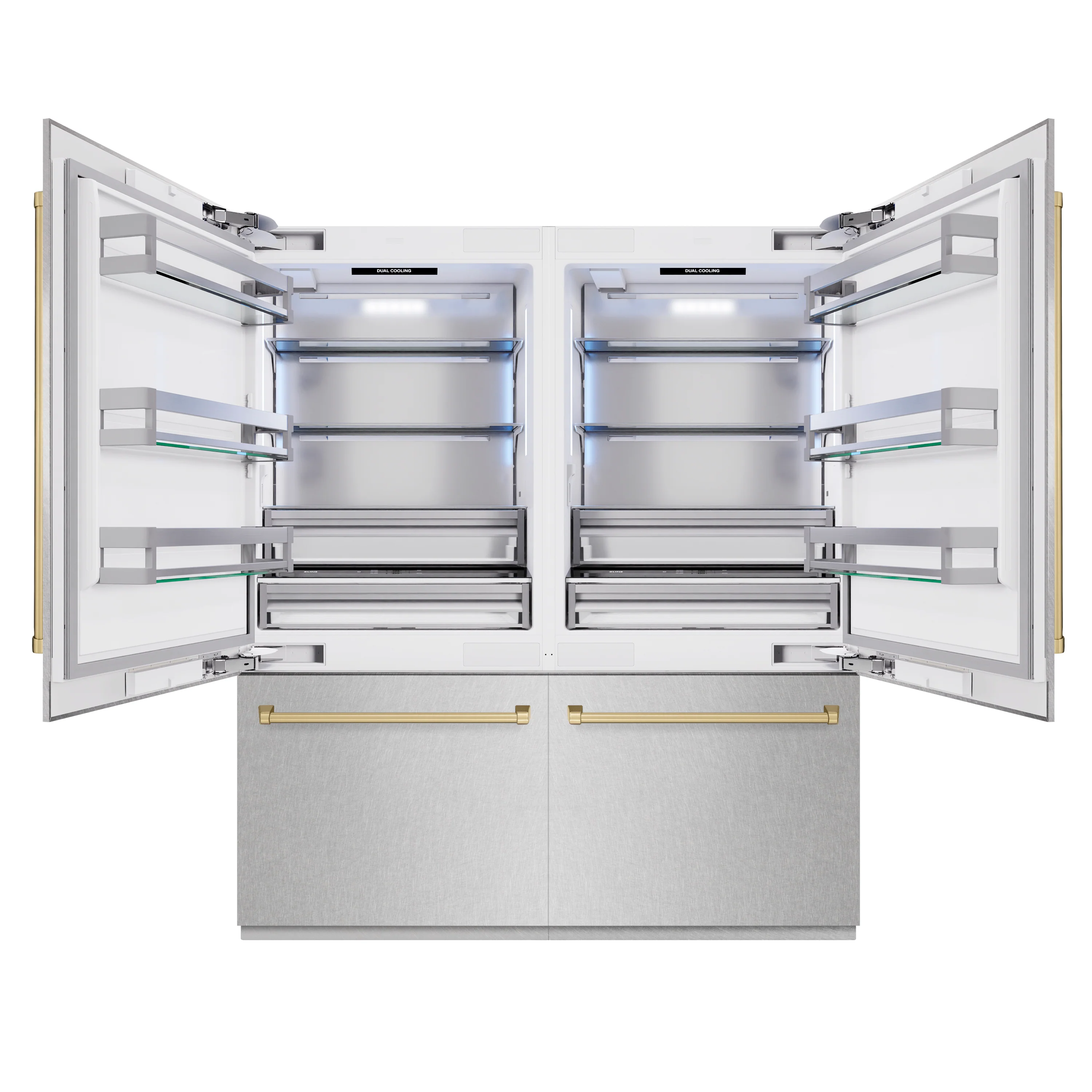 ZLINE Autograph Edition 72 in. 39.6 cu. ft. French Door Built-In Bottom Freezer Refrigerator with Water Dispensers and Ice Makers in Satin Stainless Steel and Champagne Bronze Accents (RBITZ-SN-72-CB) - Image 4