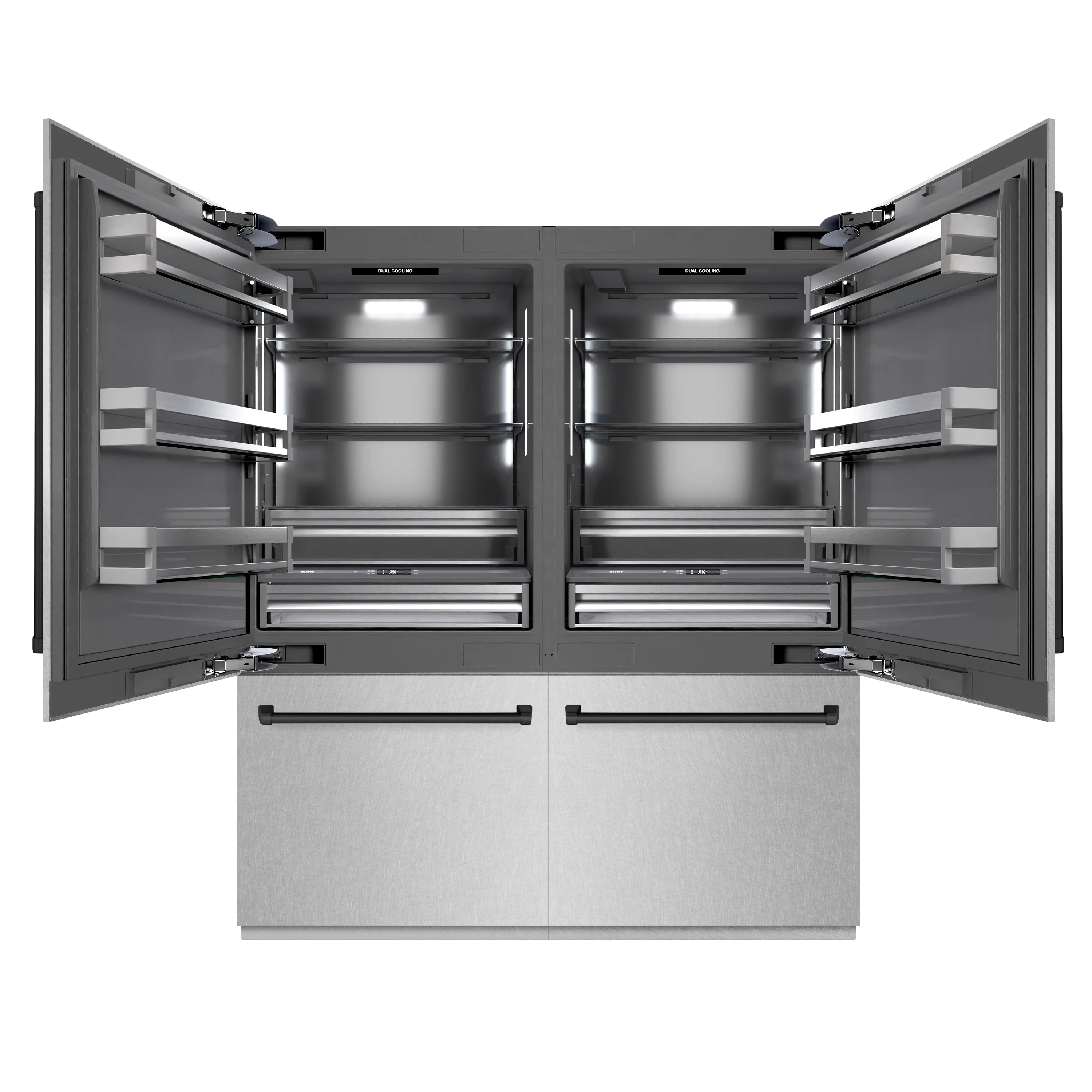 ZLINE Autograph Edition 72 in. 39.6 cu. ft. French Door Built-In Bottom Freezer Refrigerator with Water Dispensers and Ice Makers in Satin Stainless Steel with Graphite Gray Interior and Matte Black Accents (GRBITZ-SN-72-MB)