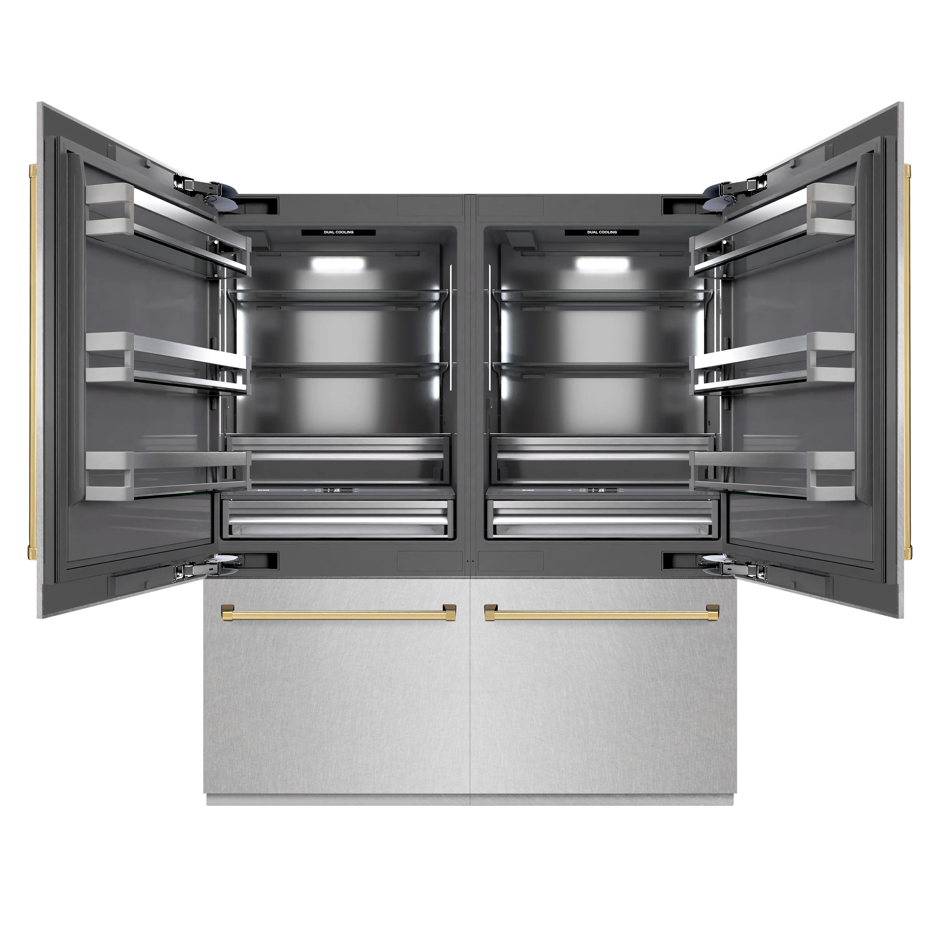ZLINE Autograph Edition 72 in. 39.6 cu. ft. French Door Built-In Bottom Freezer Refrigerator with Water Dispensers and Ice Makers in Satin Stainless Steel with graphite Gray Interior and Polished Gold Accents (GRBITZ-SN-72-G) - Image 3