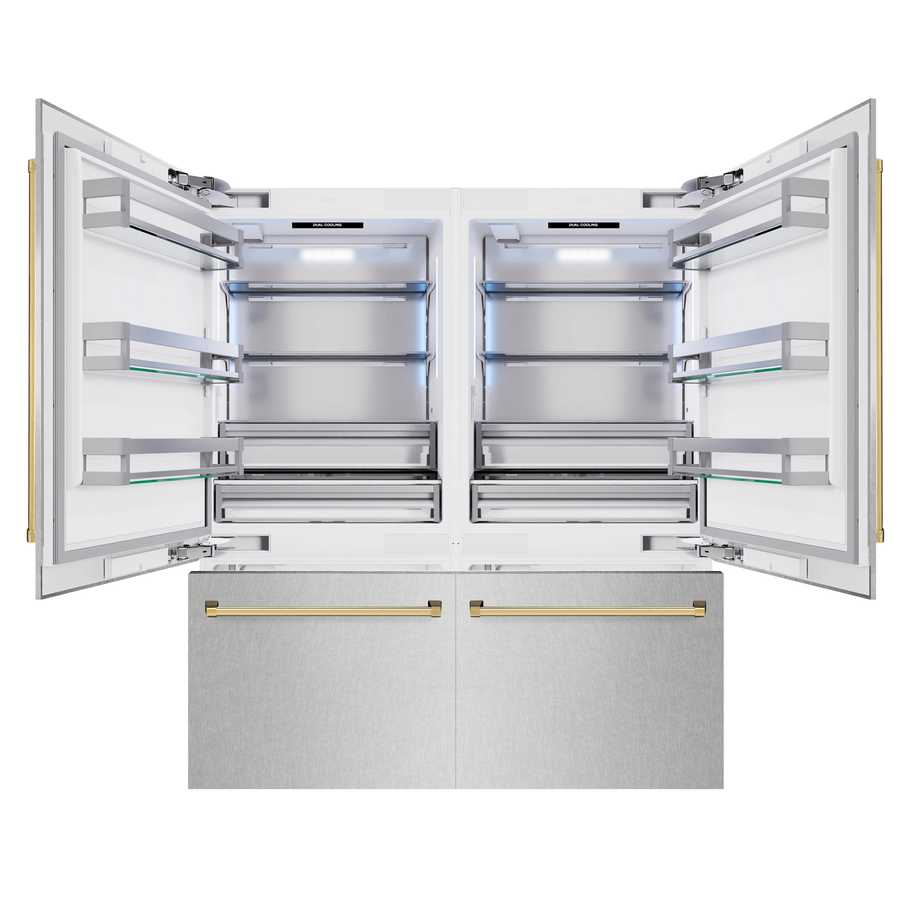 ZLINE Autograph Edition 72 in. 39.6 cu. ft. French Door Built-In Bottom Freezer Refrigerator with Water Dispensers and Ice Makers in Satin Stainless Steel and Polished Gold Accents (RBITZ-SN-72-G) - Image 4