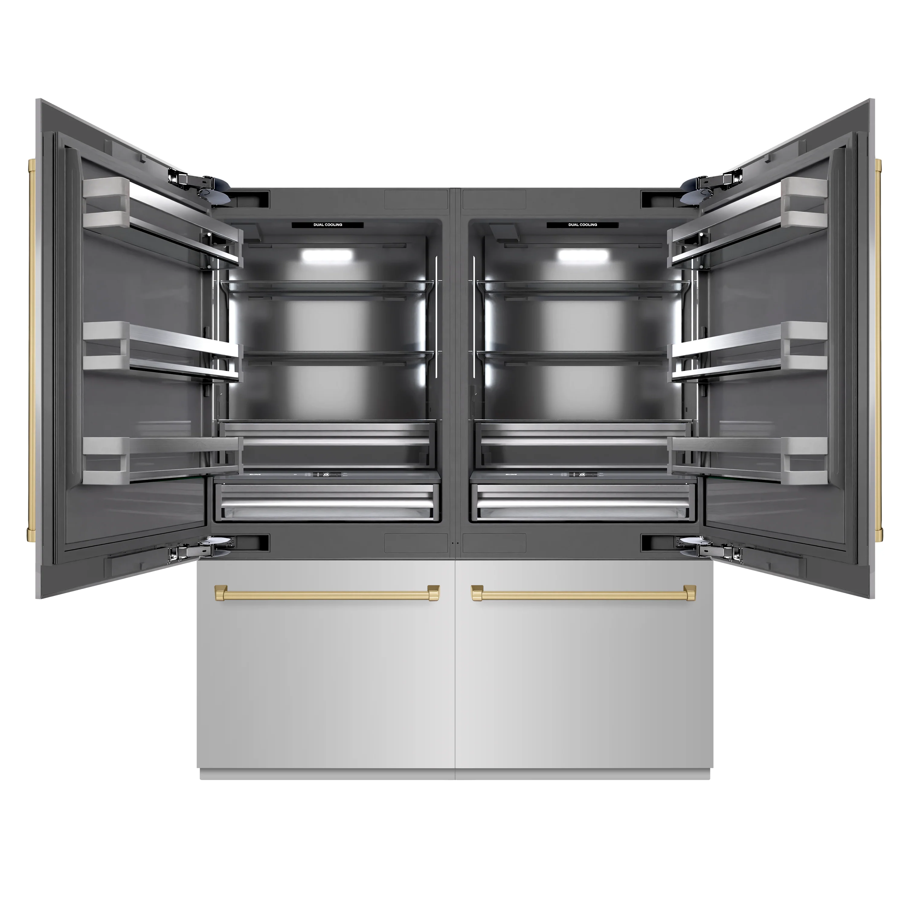 ZLINE Autograph Edition 72 in. 39.6 cu. ft. French Door Built-In Bottom Freezer Refrigerator with Water Dispensers and Ice Makers in Stainless Steel with Graphite Gray Interior and Champagne Bronze Accents (GRBITZ-304-72CB)
