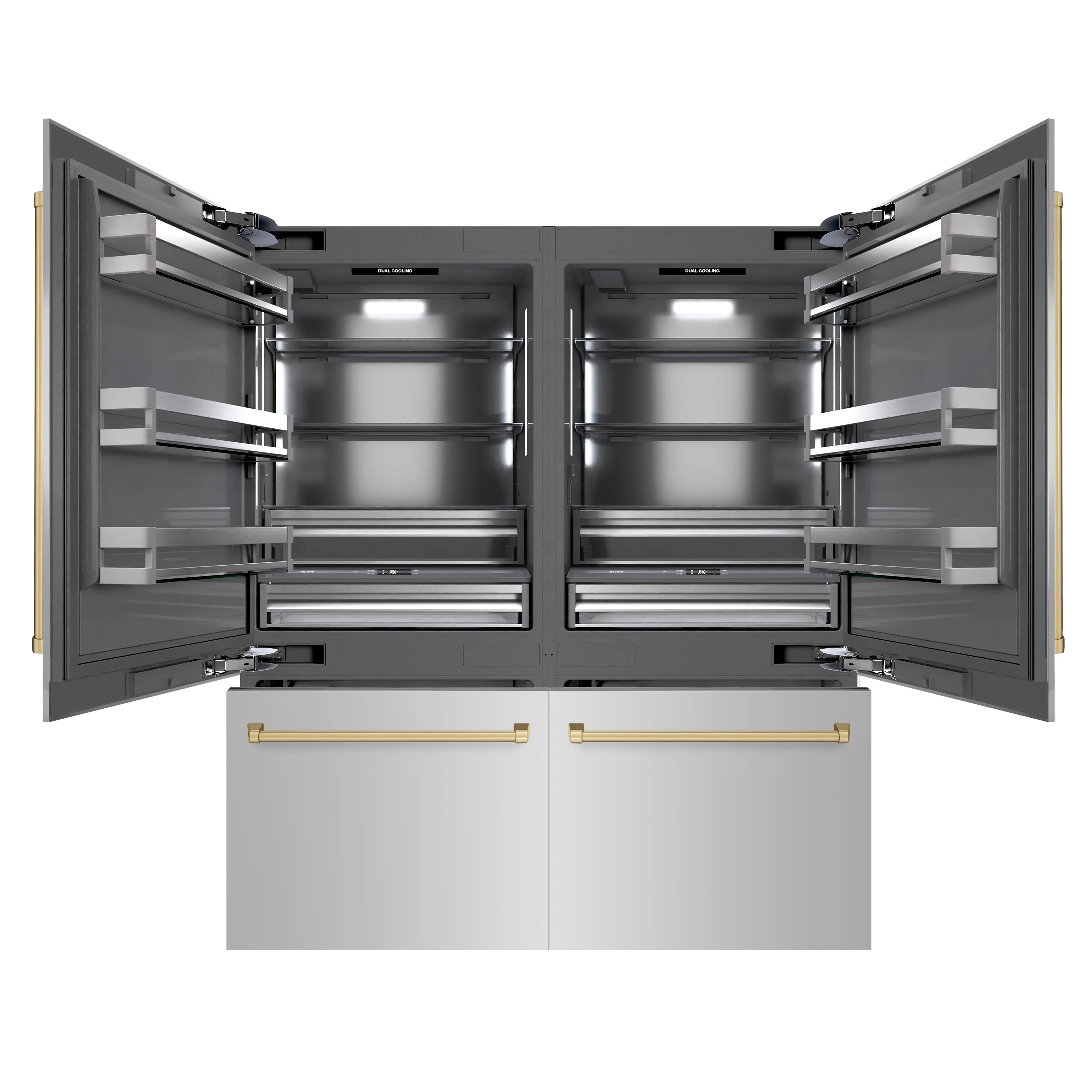 ZLINE Autograph Edition 72 in. 39.6 cu. ft. French Door Built-In Bottom Freezer Refrigerator with Water Dispensers and Ice Makers in Stainless Steel with Graphite Gray Interior and Champagne Bronze Accents (GRBITZ-304-72CB) - Image 3