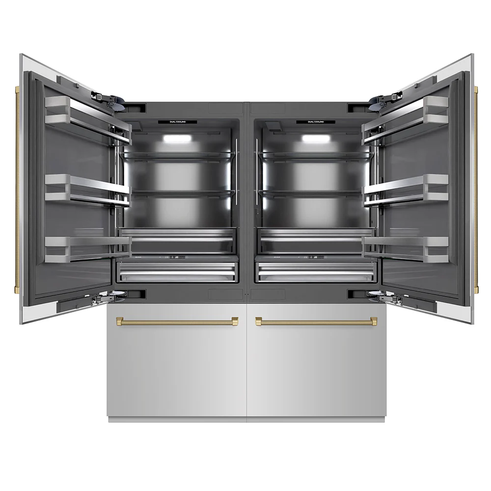 ZLINE Autograph Edition 72 in. 39.6 cu. ft. French Door Built-In Bottom Freezer Refrigerator with Water Dispensers and Ice Makers in Stainless Steel with Graphite Gray Interior and Champagne Bronze Helix Handles (GRBITZ-30472KCB) - Image 4