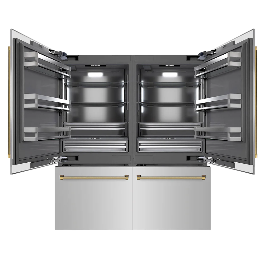 ZLINE Autograph Edition 72 in. 39.6 cu. ft. French Door Built-In Bottom Freezer Refrigerator with Water Dispensers and Ice Makers in Stainless Steel with Graphite Gray Interior and Polished Gold Helix Handles (GRBITZ-30472KG)