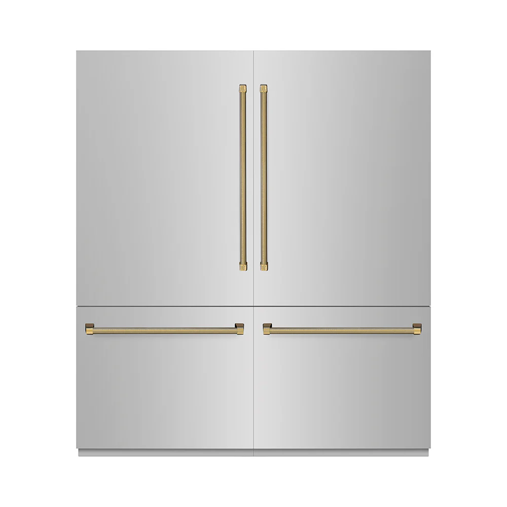 ZLINE Autograph Edition 72 in. 39.6 cu. ft. French Door Built-In Bottom Freezer Refrigerator with Water Dispensers and Ice Makers in Stainless Steel with Graphite Gray Interior and Polished Gold Helix Handles (GRBITZ-30472KG) - Image 3