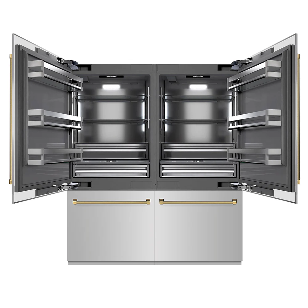 ZLINE Autograph Edition 72 in. 39.6 cu. ft. French Door Built-In Bottom Freezer Refrigerator with Water Dispensers and Ice Makers in Stainless Steel with Graphite Gray Interior and Polished Gold Helix Handles (GRBITZ-30472KG) - Image 4