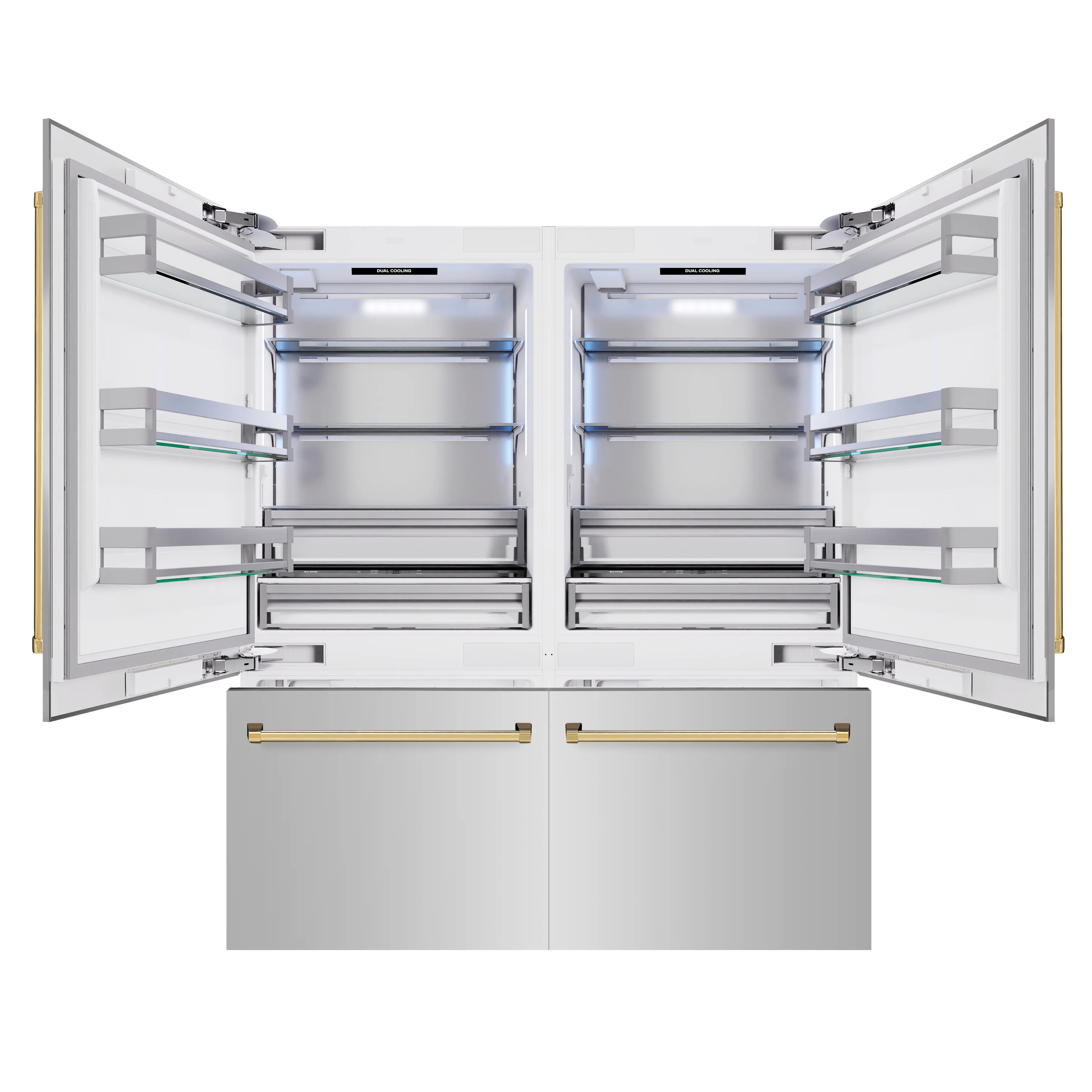 ZLINE Autograph Edition 72 in. 39.6 cu. ft. French Door Built-In Bottom Freezer Refrigerator with Water Dispensers and Ice Makers in Stainless Steel with Polished Gold Accents (RBITZ-304-72G) - Image 2