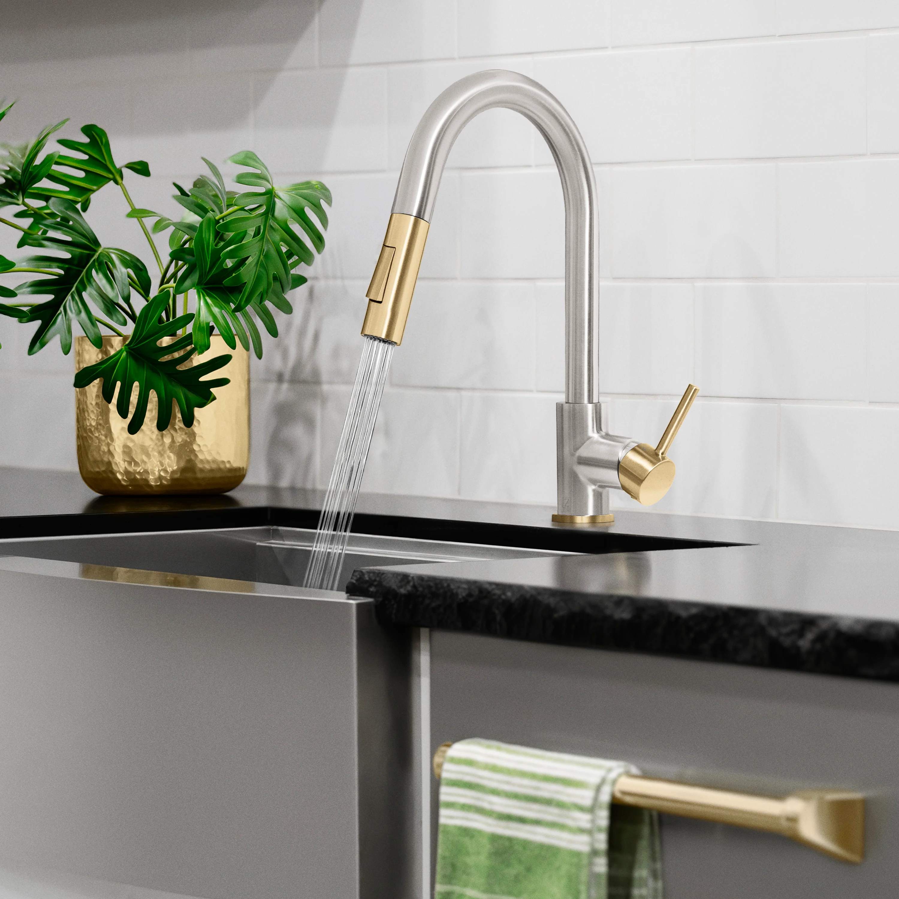 ZLINE Autograph Edition Gemini Pull Down Single Handle Kitchen Faucet in Brushed Nickel and Champagne Bronze (GEM-KF-ZBNCB) - Image 10