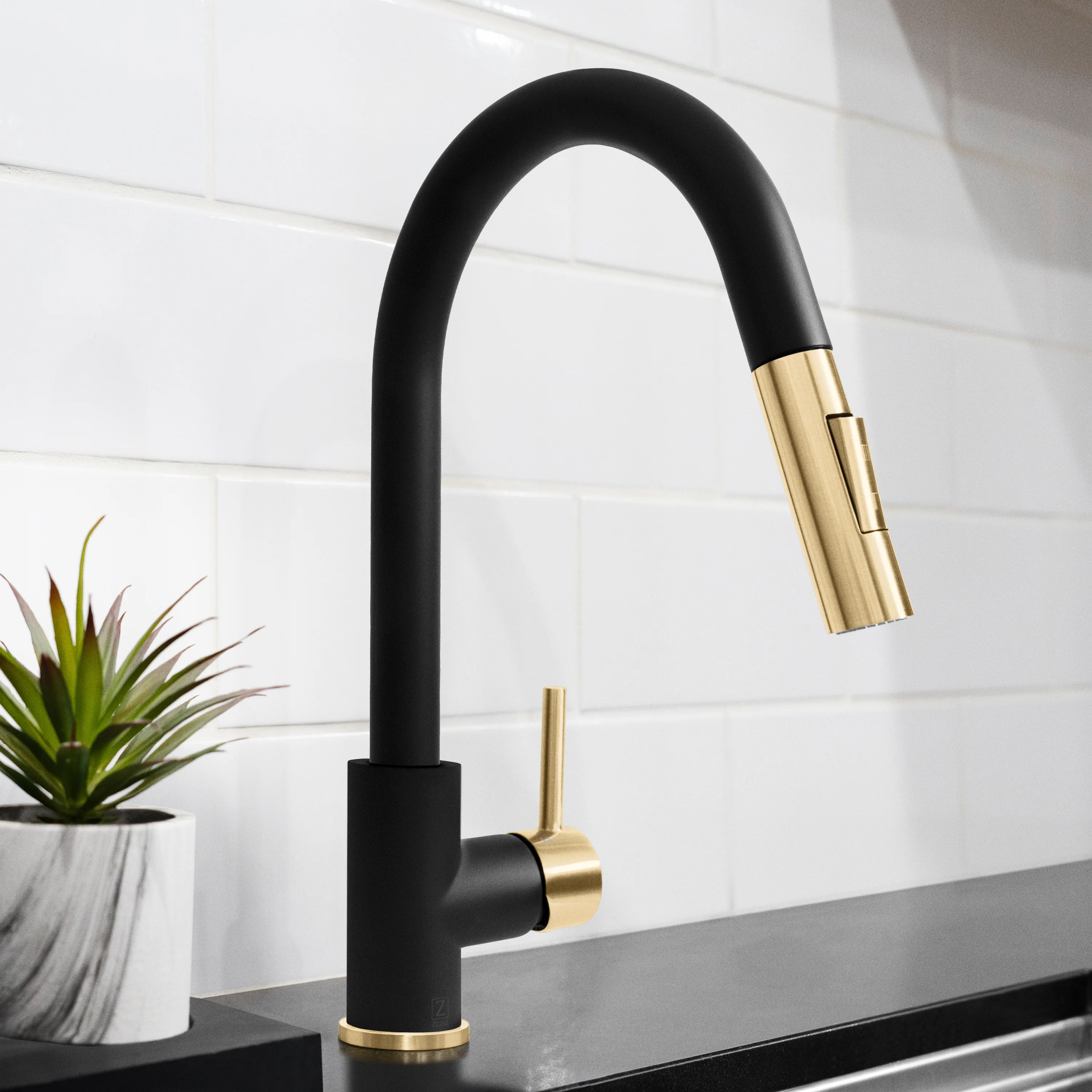ZLINE Autograph Edition Gemini Pull Down Single Handle Kitchen Faucet in Matte Black and Champagne Bronze (GEM-KF-ZMBCB) - Image 10