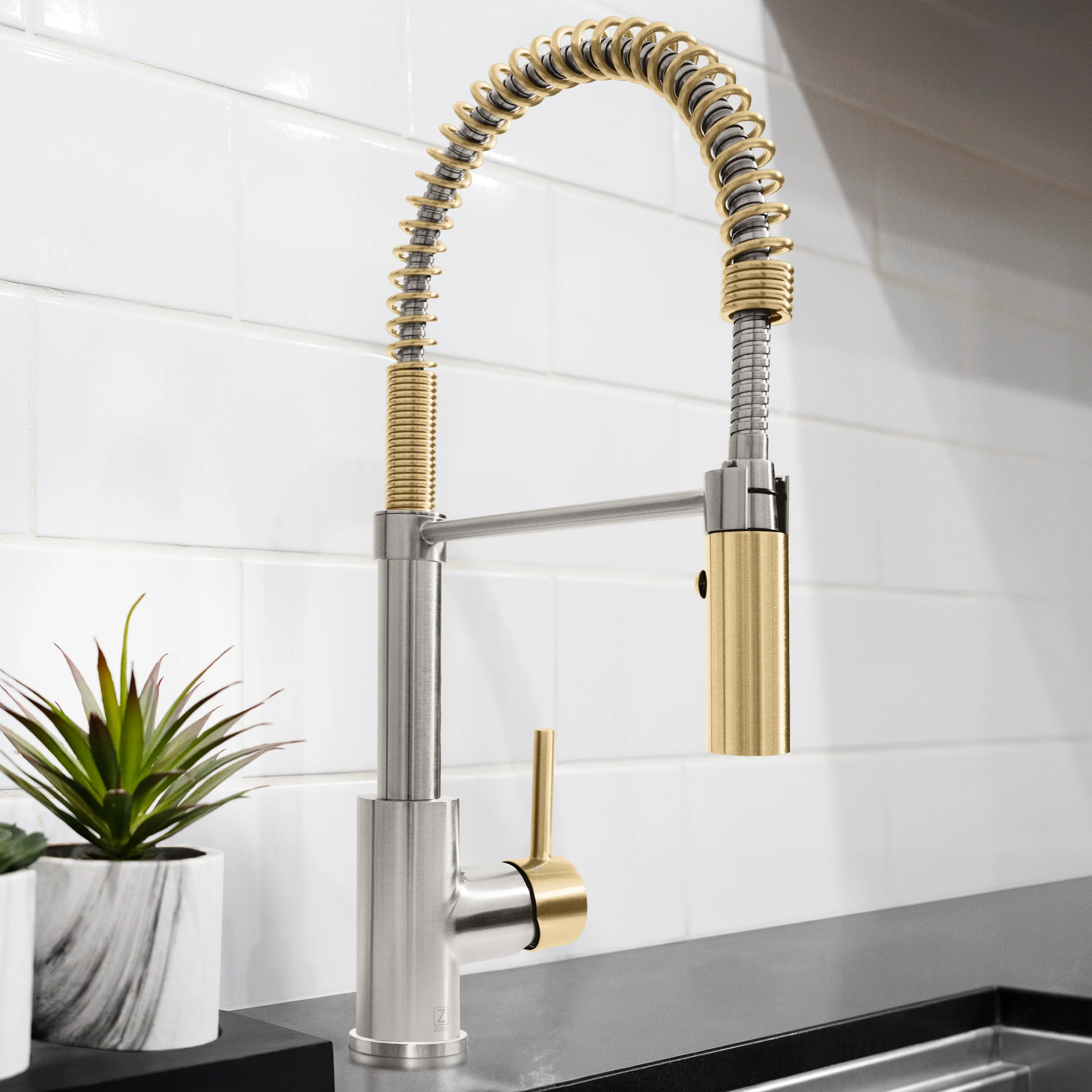 ZLINE Autograph Edition Sierra Pull Down Spring Single Handle Kitchen Faucet in Brushed Nickel and Champagne Bronze (SRA-KF-ZBNCB) - Image 10
