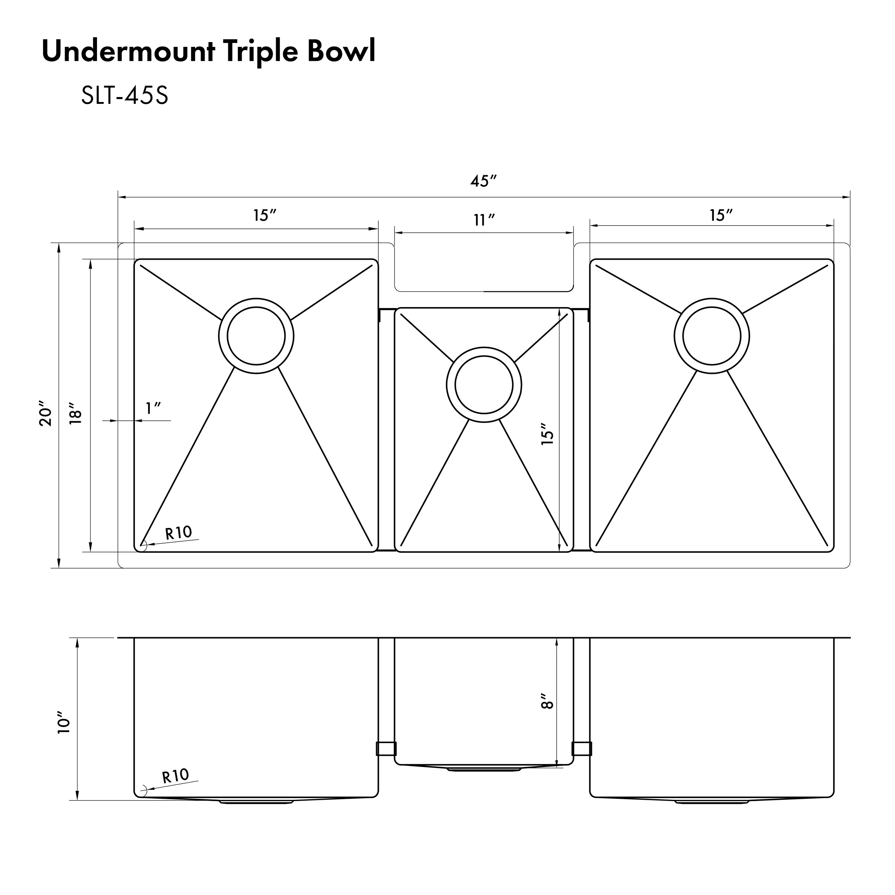 ZLINE 45 in. Breckenridge Undermount Triple Bowl Satin Stainless Steel Kitchen Sink with Bottom Grid (SLT-45S) - Image 11